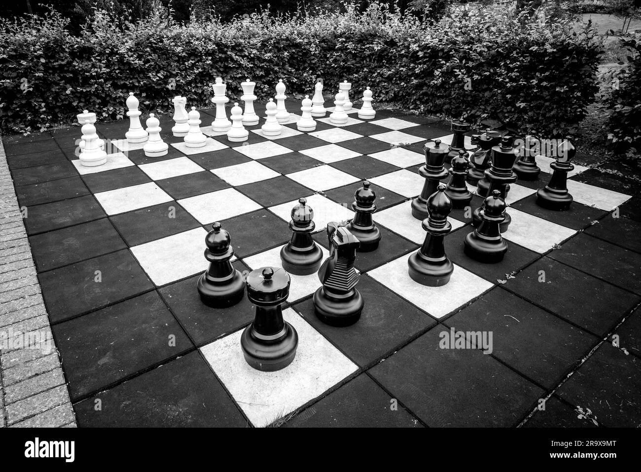 Schach Spiel mit großen Stücken in der freien Version des klassischen Spiels in den Farben Schwarz und Weiß Stockfoto