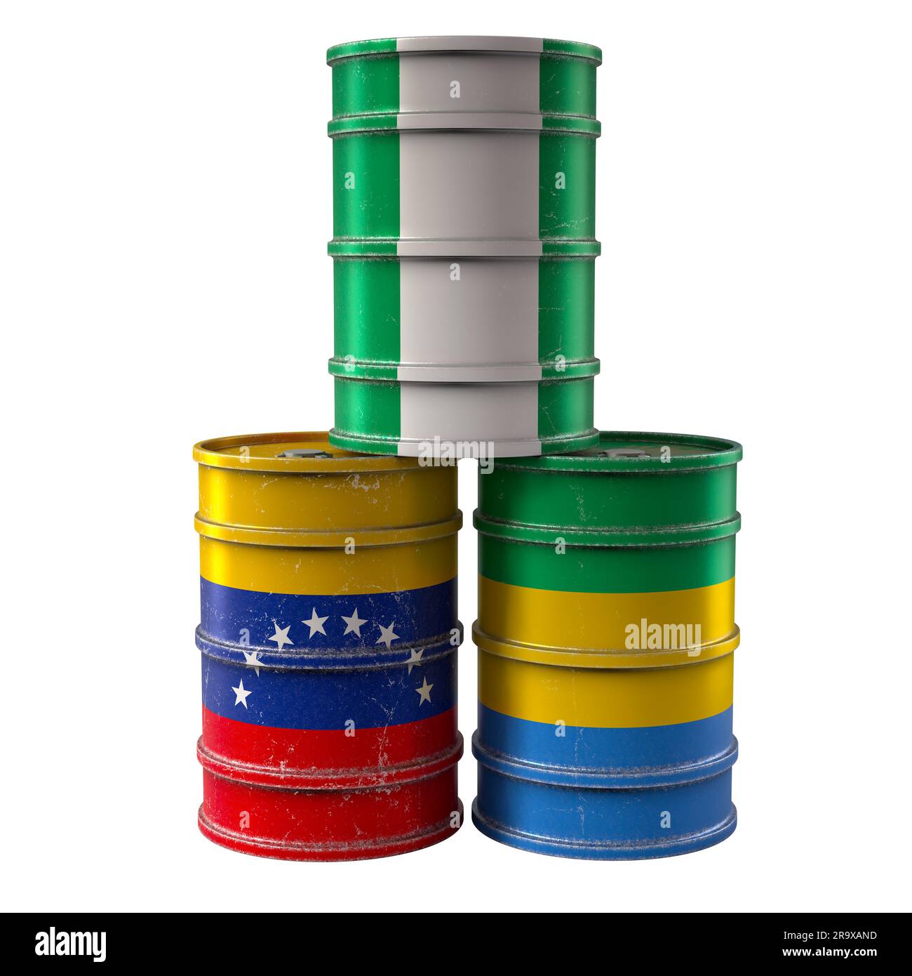 Alte Ölfässer mit Nigeria, Gabun und Venezuela Nationalflaggen. 3D-Rendering Stockfoto