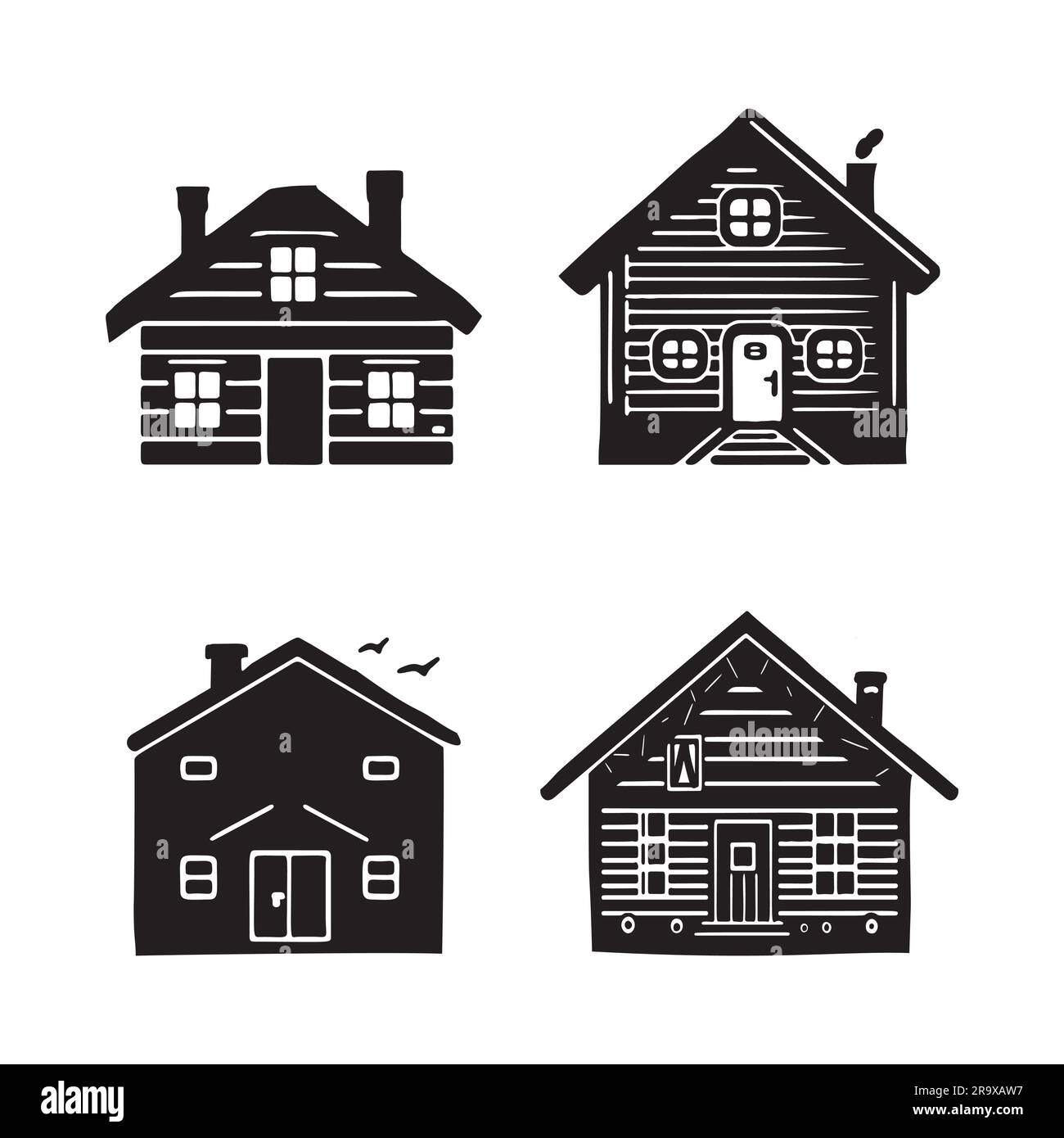Eine Reihe von Vektordarstellungen für Holzhütten und Tannenbäume. Maskuline Outdoor-Reise im nordischen Linocut-Chalet in skandinavischer Urlaubsgruppe Stock Vektor