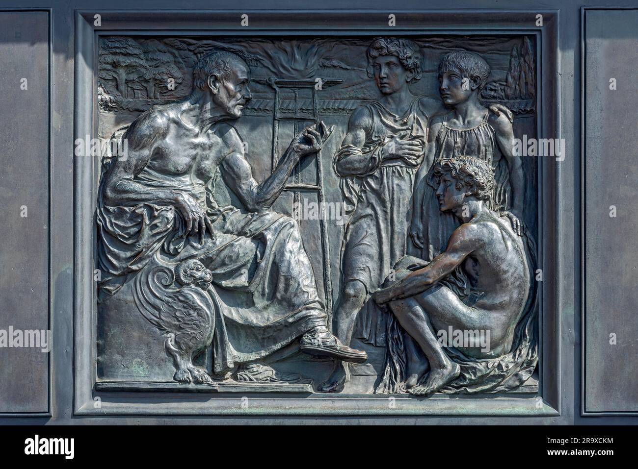 Bronzeplatte, allegorische Relief, Denkmal Brüder Jakob und Wilhelm Grimm, Gebrüder Grimm Denkmal, Deutsches Studium, Märchen, Deutsches Märchen Stockfoto