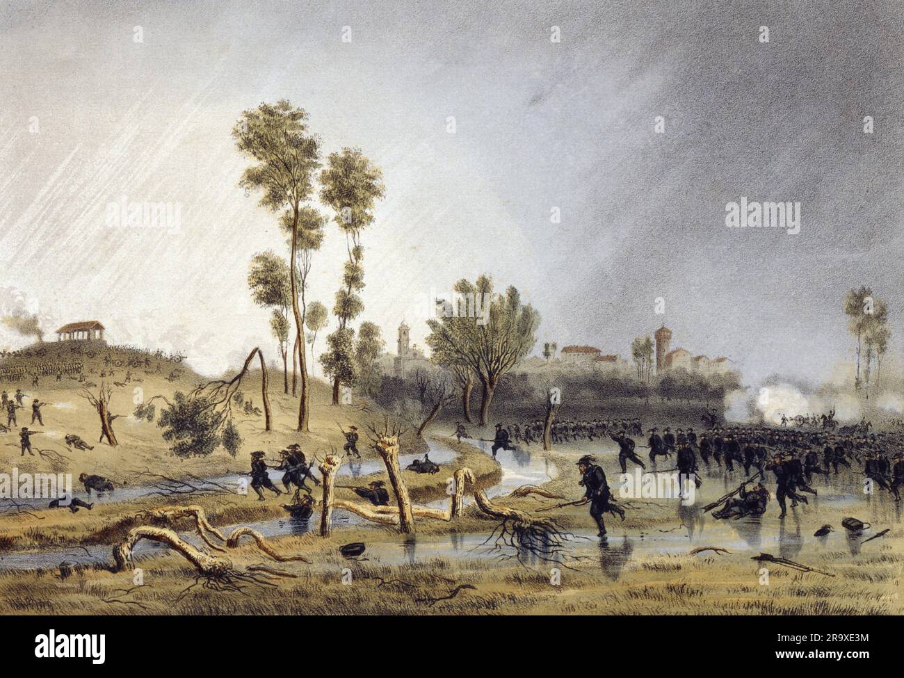 Die vierte piemontesische Division von General Cialdini während des Angriffs auf die Schlacht von Palästro, Lombardei, 1859, Zweiter Unabhängigkeitskrieg - Risorgimento, deuxieme guerre d'unabhängigen italienischen : la bataille de Palestro le 30/05/1859 Opposant l'armee piemontaise a l'armee autrichienne. Stockfoto
