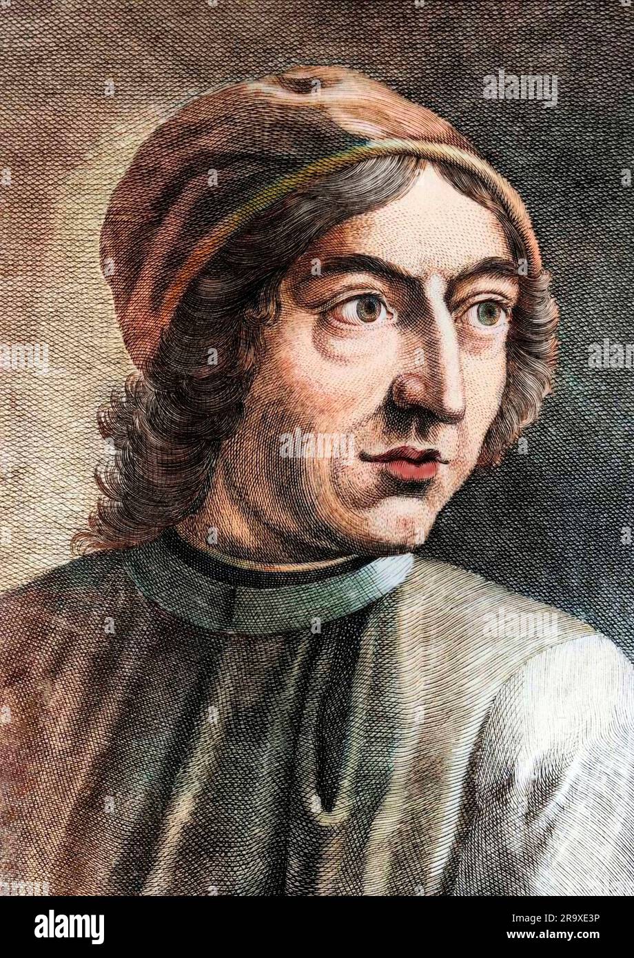 Portrait de Angelo Poliziano ( Ange Policien ) humaniste italien 1454-1494. Portrait von Angelo Ambrogini bekannt als Poliziano (1454-1494), italienischer Schriftsteller, Humanist und Dramatiker, Stockfoto