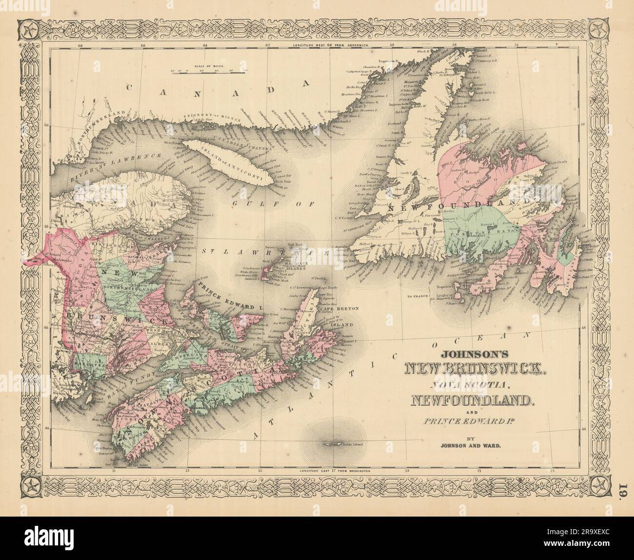 Johnsons New Brunswick, Nova Scotia, Neufundland & Prince Edward ID. 1866-Karte Stockfoto
