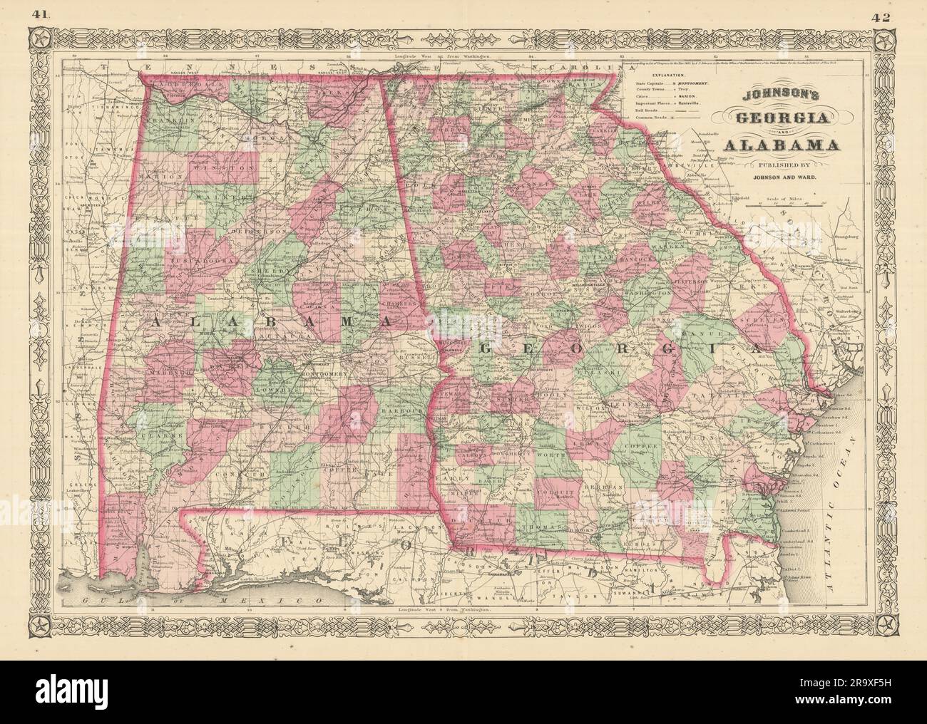 Johnson's Georgia & Alabama. KARTE des US-Bundesstaates mit 1866 alten Bezirken Stockfoto