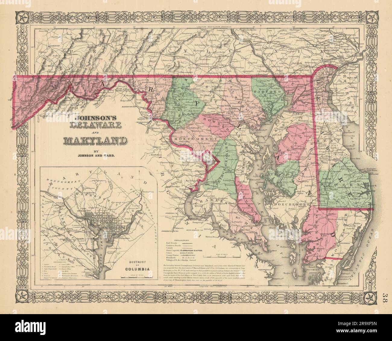 Johnson's Delaware, Maryland & District of Columbia. Counties 1866 alte Karte Stockfoto