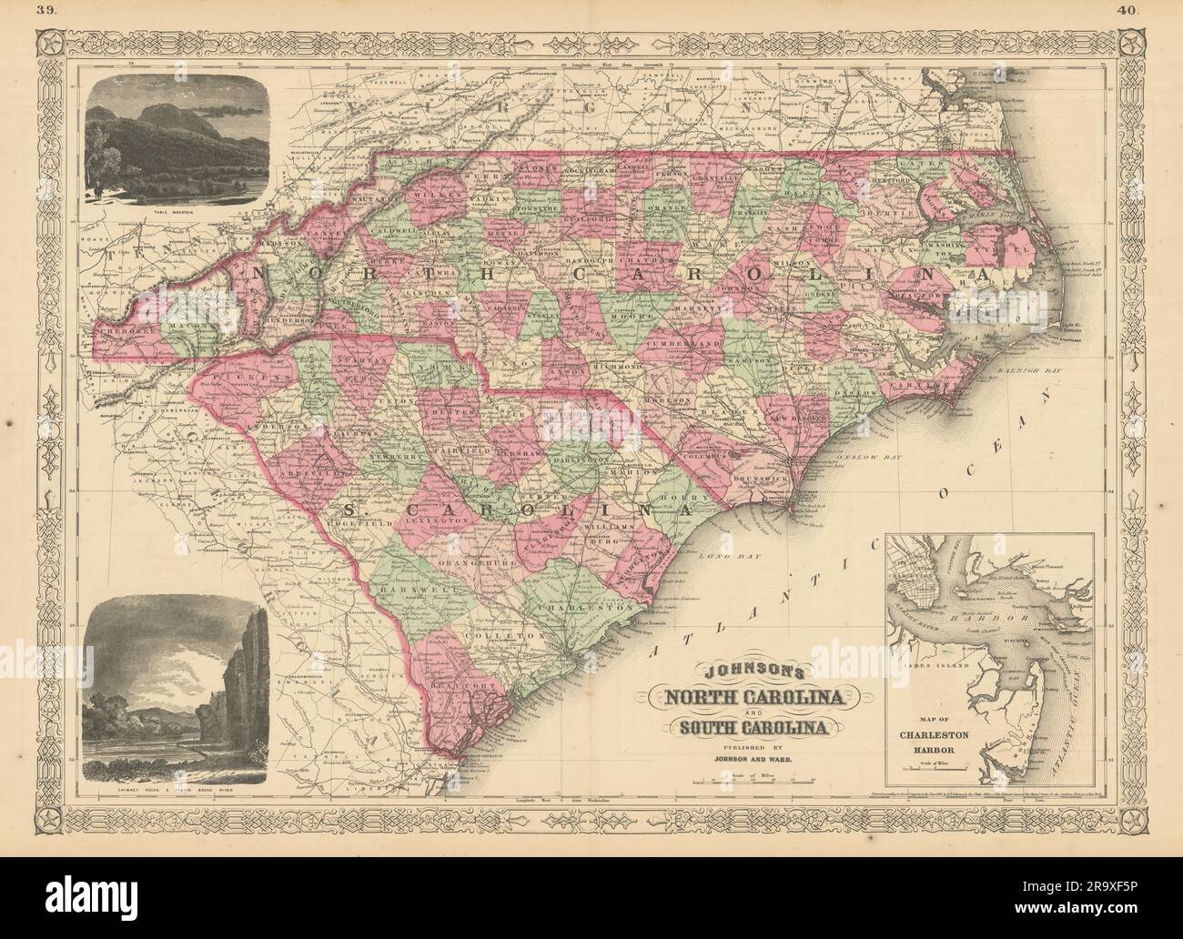 Johnsons North & South Carolina mit Countys. Charleston 1866 alte Karte Stockfoto