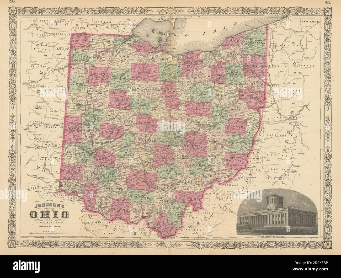 Johnson ist Ohio. KARTE des US-Bundesstaates mit 1866 alten antiken Plandiagrammen der Counties Stockfoto