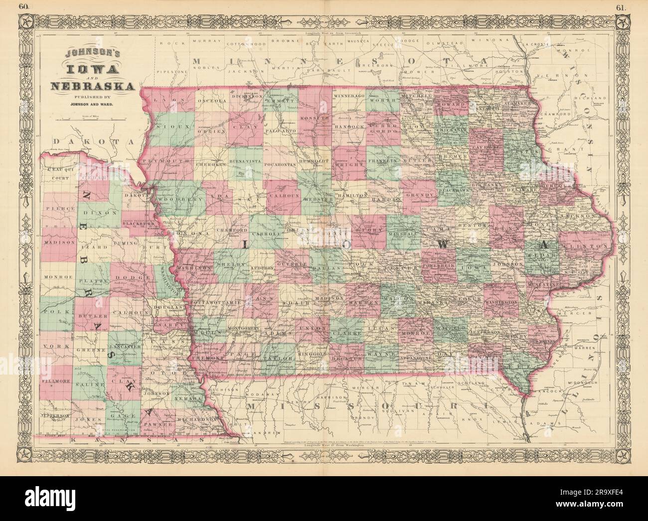 Johnson's Iowa & Nebraska. Karte des US-Bundesstaates mit 1866 alten Antiquitäten Stockfoto