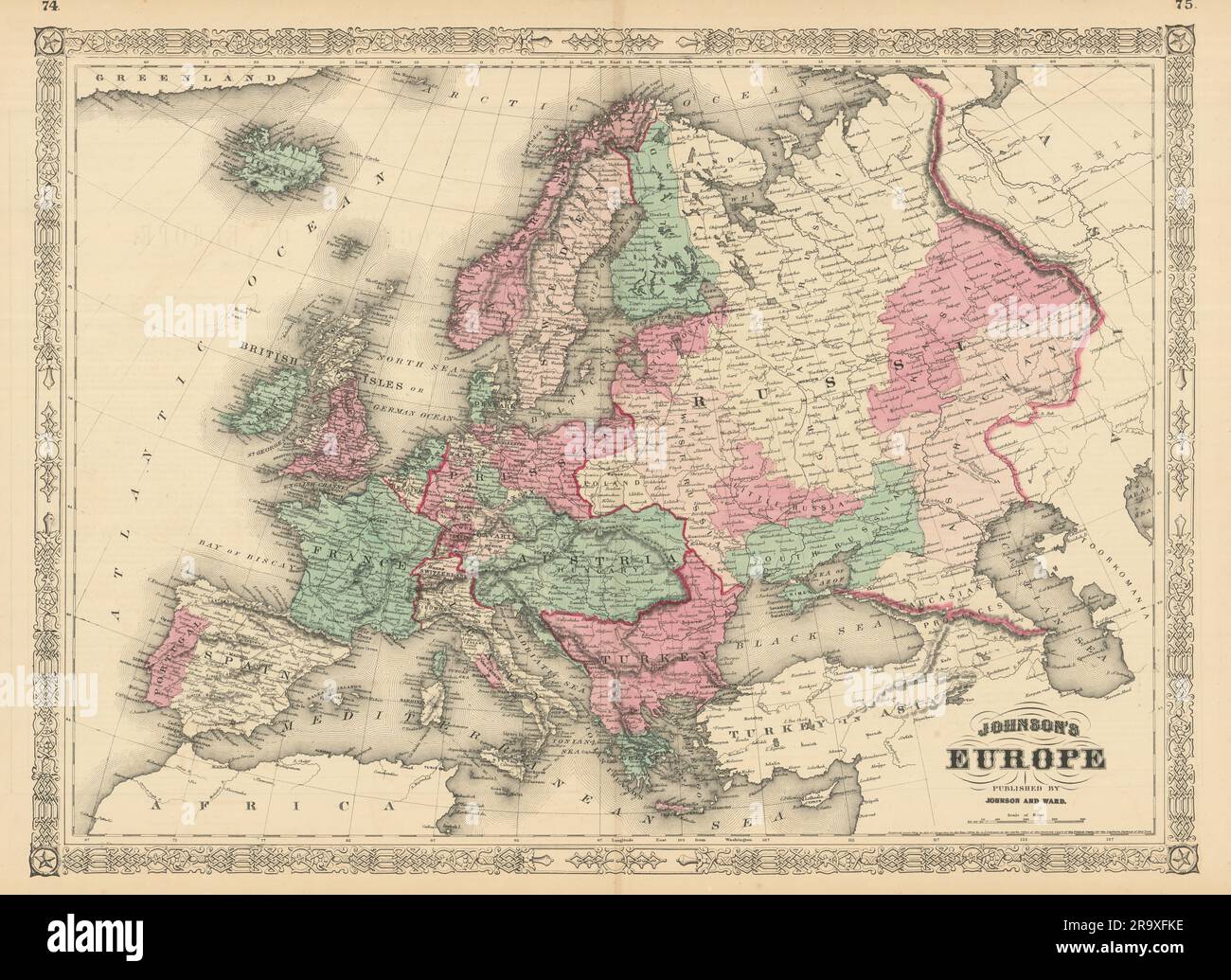 Johnsons Europa. Österreich Ungarn Preußen Türkei Papststaaten 1866 alte Karte Stockfoto
