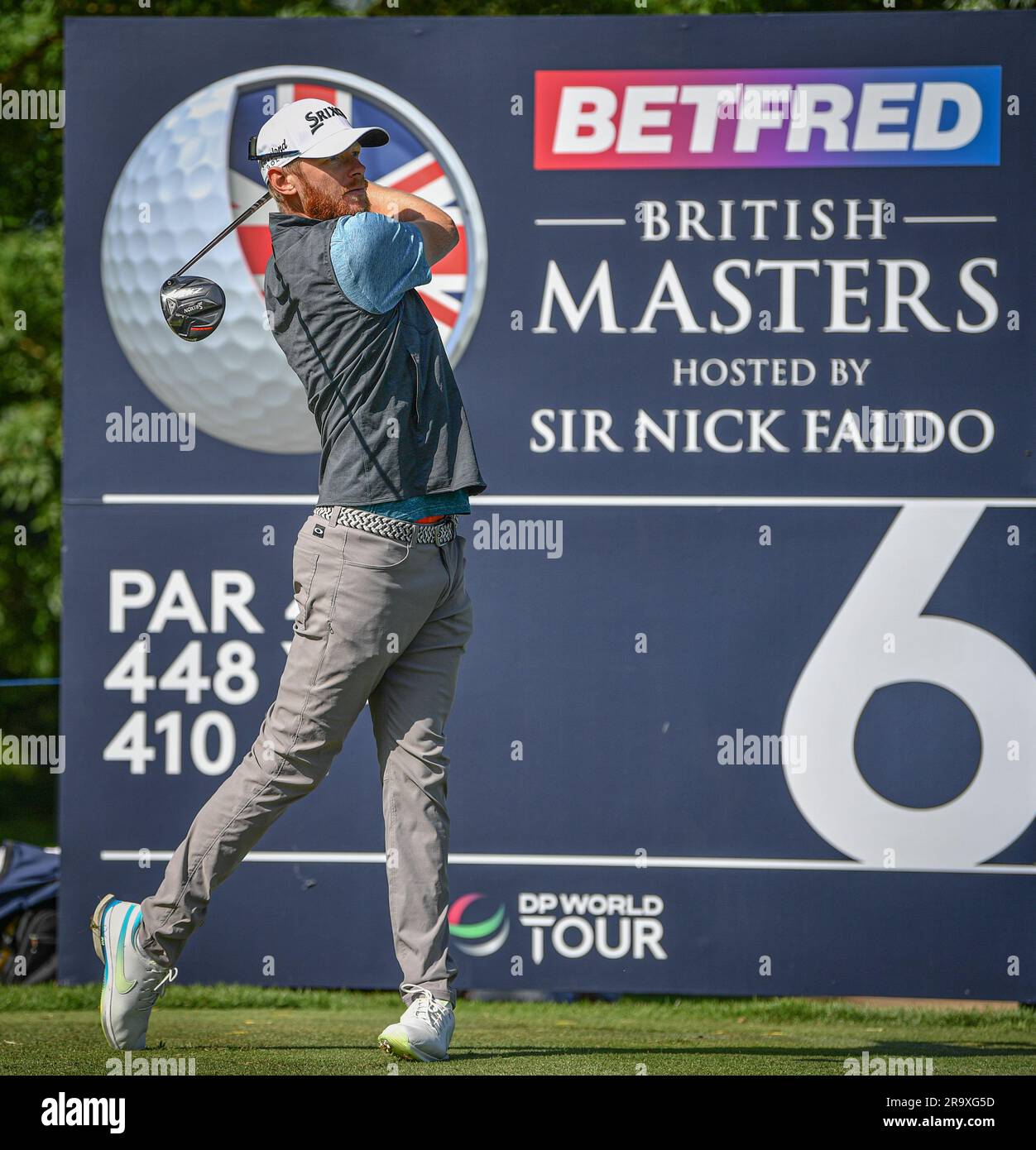 29. Juni 2023; The Belfry, Sutton Coldfield, West Midlands, England: Betfred British Masters Golf, Tag 1; Sebastian Soderberg (SWE) fährt auf dem 6.-Loch Credit: Action Plus Sports Images/Alamy Live News Stockfoto