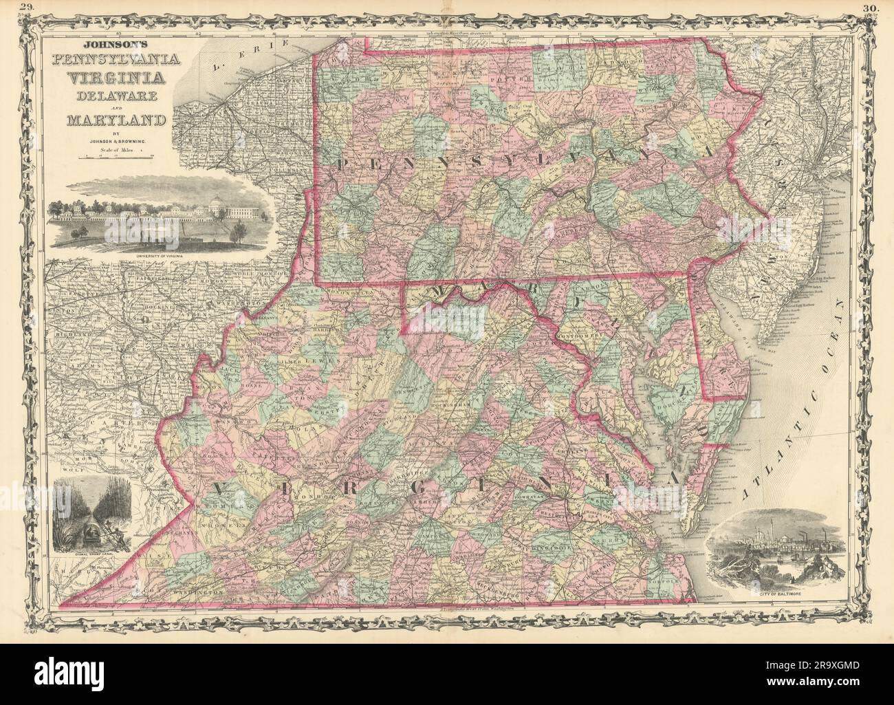 Johnson's Pennsylvania, Virginia, Delaware & Maryland. US-State-Karte 1861 Stockfoto