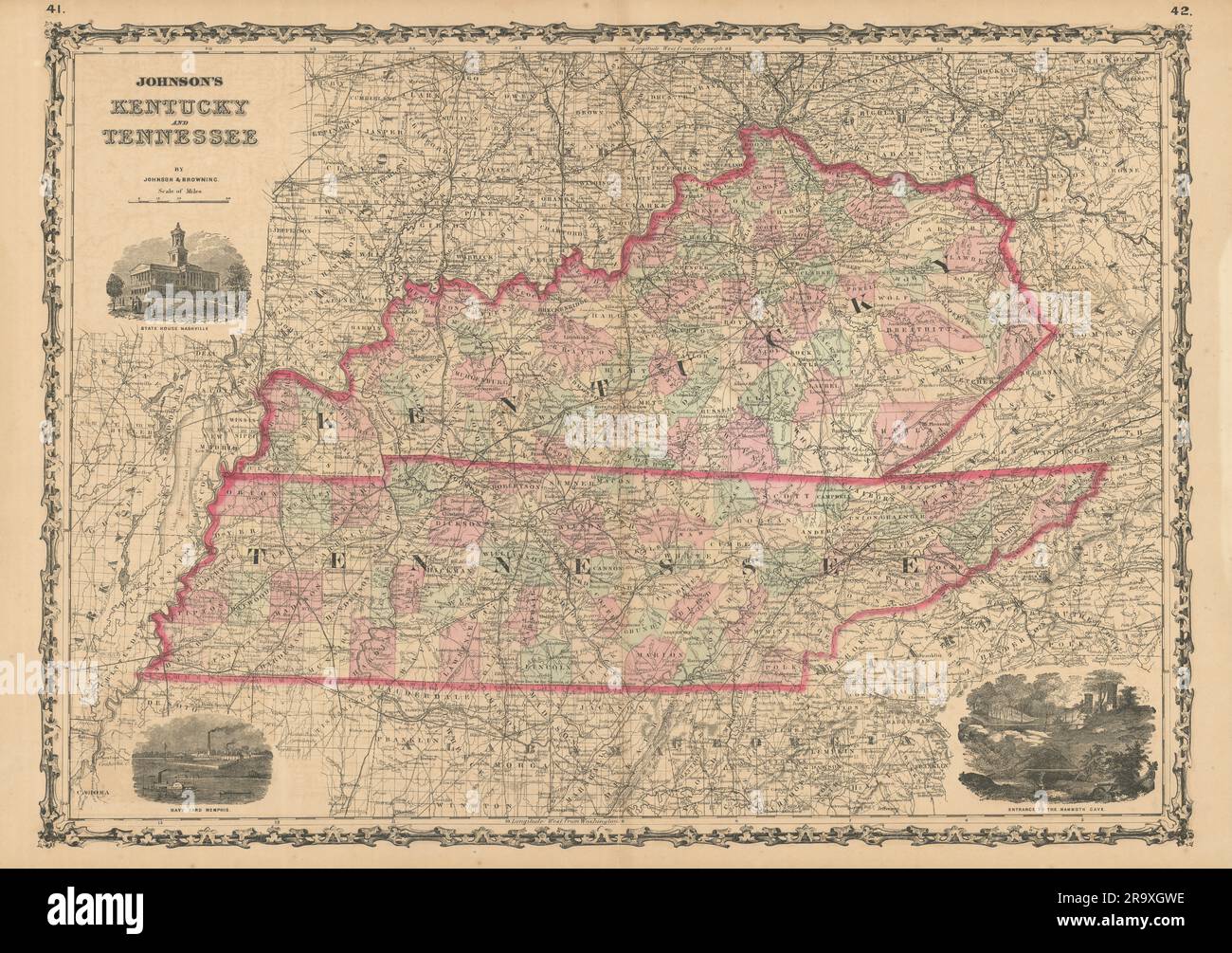 Johnson's Kentucky und Tennessee. KARTE des US-Bundesstaates mit 1861 alten Bezirken Stockfoto