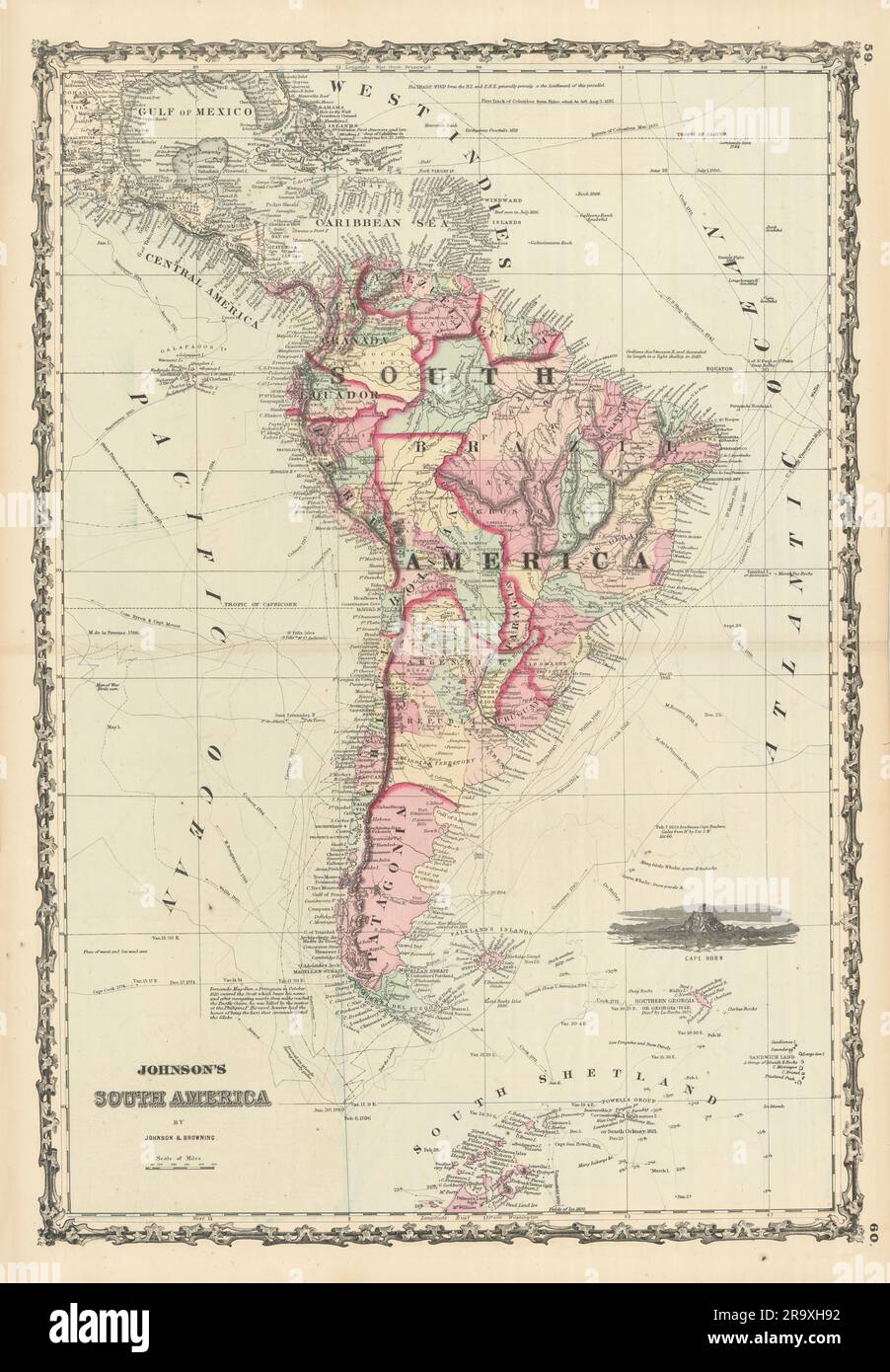 Johnson ist Südamerika. Bolivien mit Littoral. Navigatorrouten 1861 Karte Stockfoto