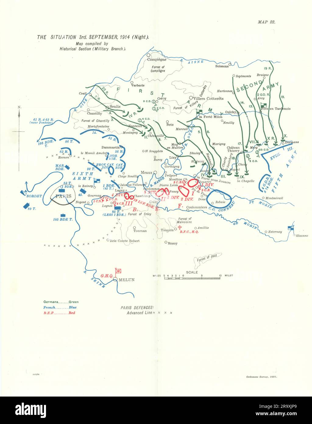 Toller Rückzugsort. Westfront 3. September 1914 Nacht. Erster Weltkrieg. 1933-Karte Stockfoto