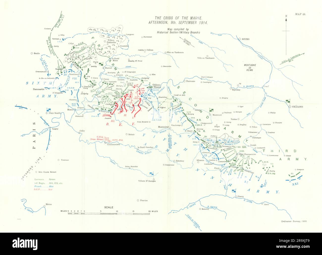Die Krise von Marne. Nachmittag, 9. September 1914. Schlacht von Marne. WW1. 1933-Karte Stockfoto