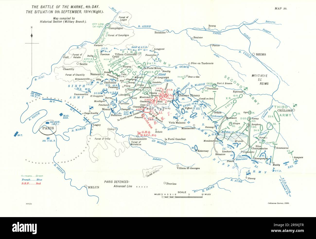 Schlacht der Marne. Situation 9. September, 1914 Nacht. WW1. 1933 alte Karte Stockfoto