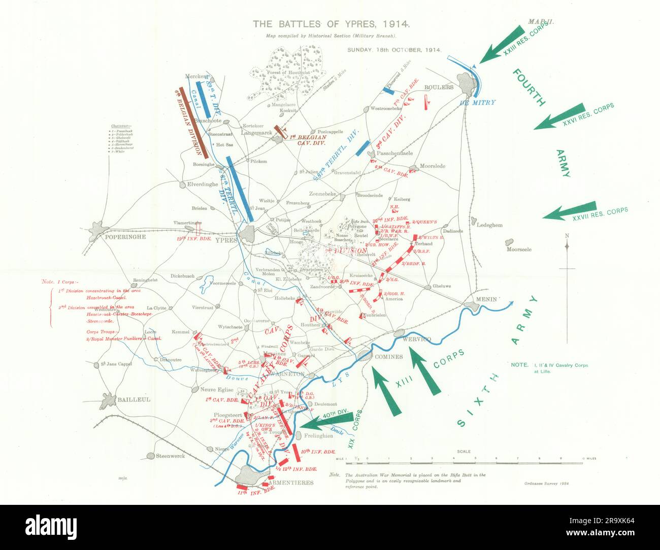 Schlacht von Ypern, 18. Oktober 1914. Erster Weltkrieg. 1933 alte Karte Stockfoto