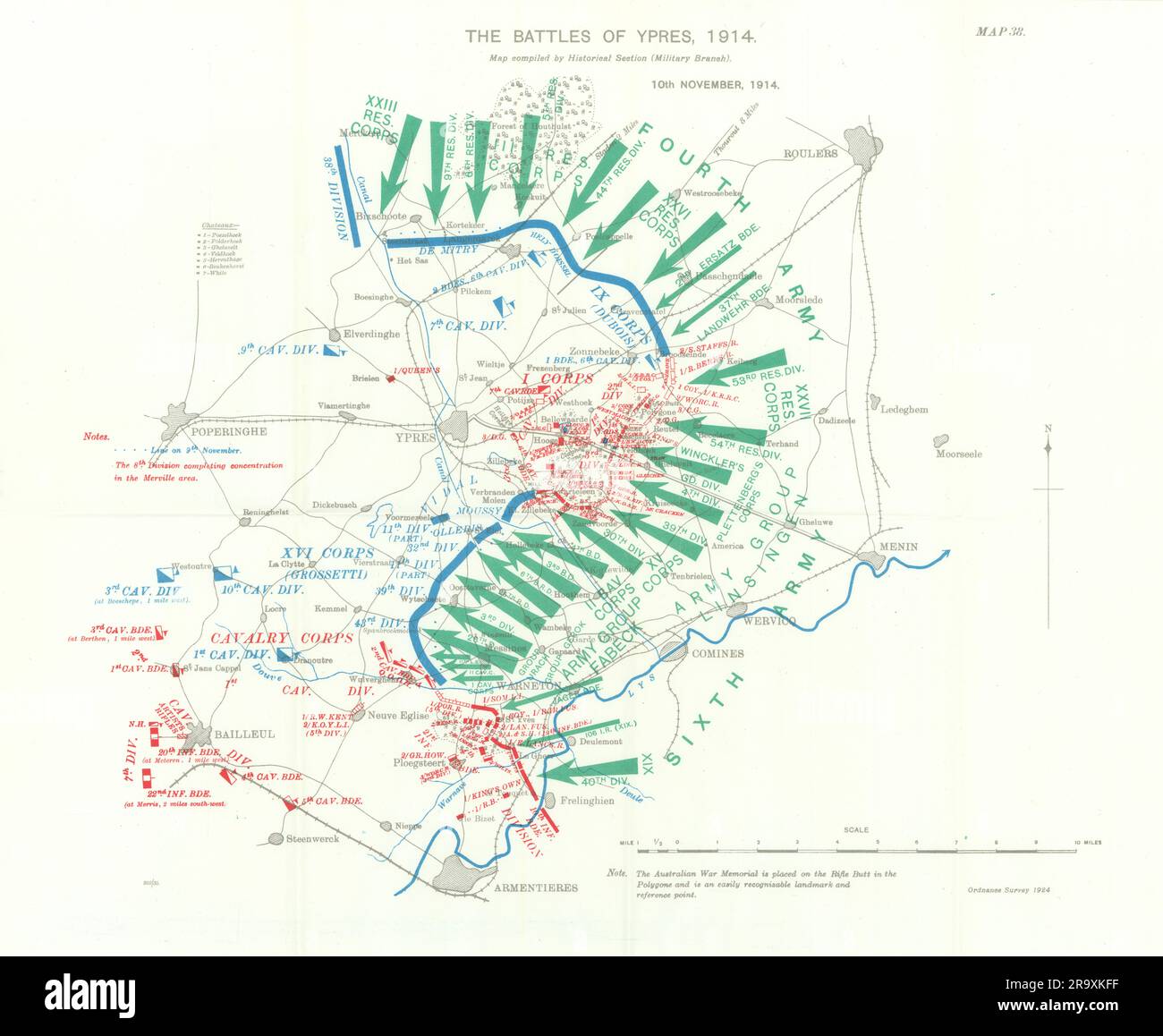 Schlacht um Ypern 1914. 10. November 1914. Erster Weltkrieg. 1933 alte Karte Stockfoto