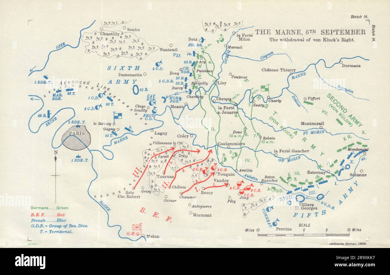 Schlacht der Marne am 6. September 1914. Rückzug von von Glücks rechter 1933-Karte Stockfoto
