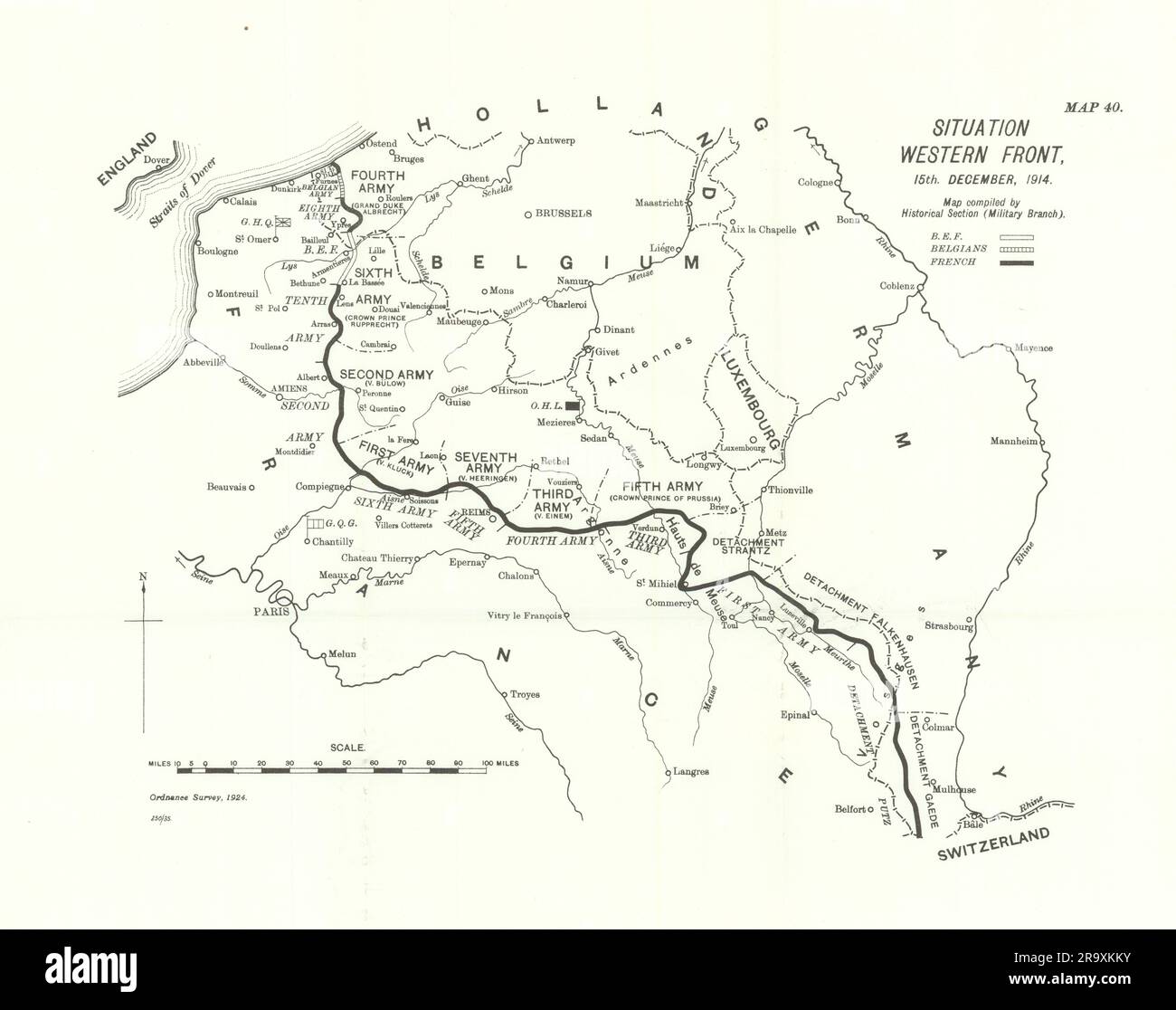 Situation Westfront, 15. Dezember 1914. Erster Weltkrieg. 1933 alte Karte Stockfoto