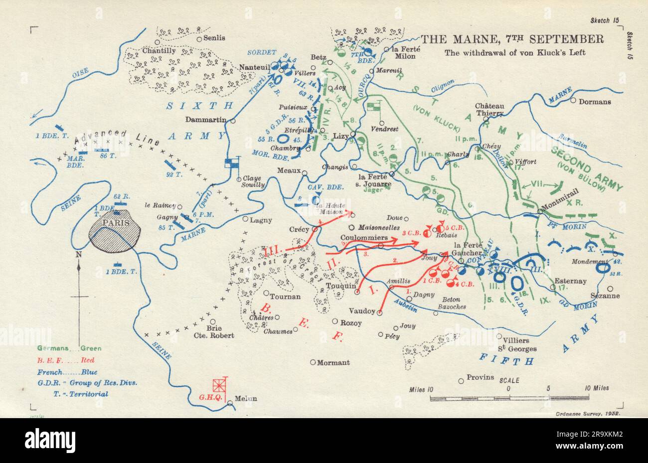 Schlacht der Marne am 7. September 1914. Rückzug von Kluks linker 1933-Karte Stockfoto