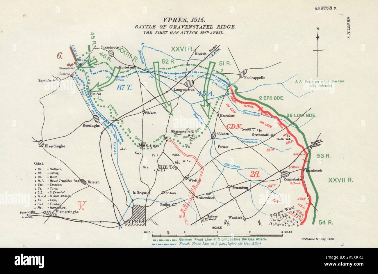 Schlacht am Gravenstafel Ridge. Erster Gasangriff, 22. April 1915. YPres 1927-Karte Stockfoto