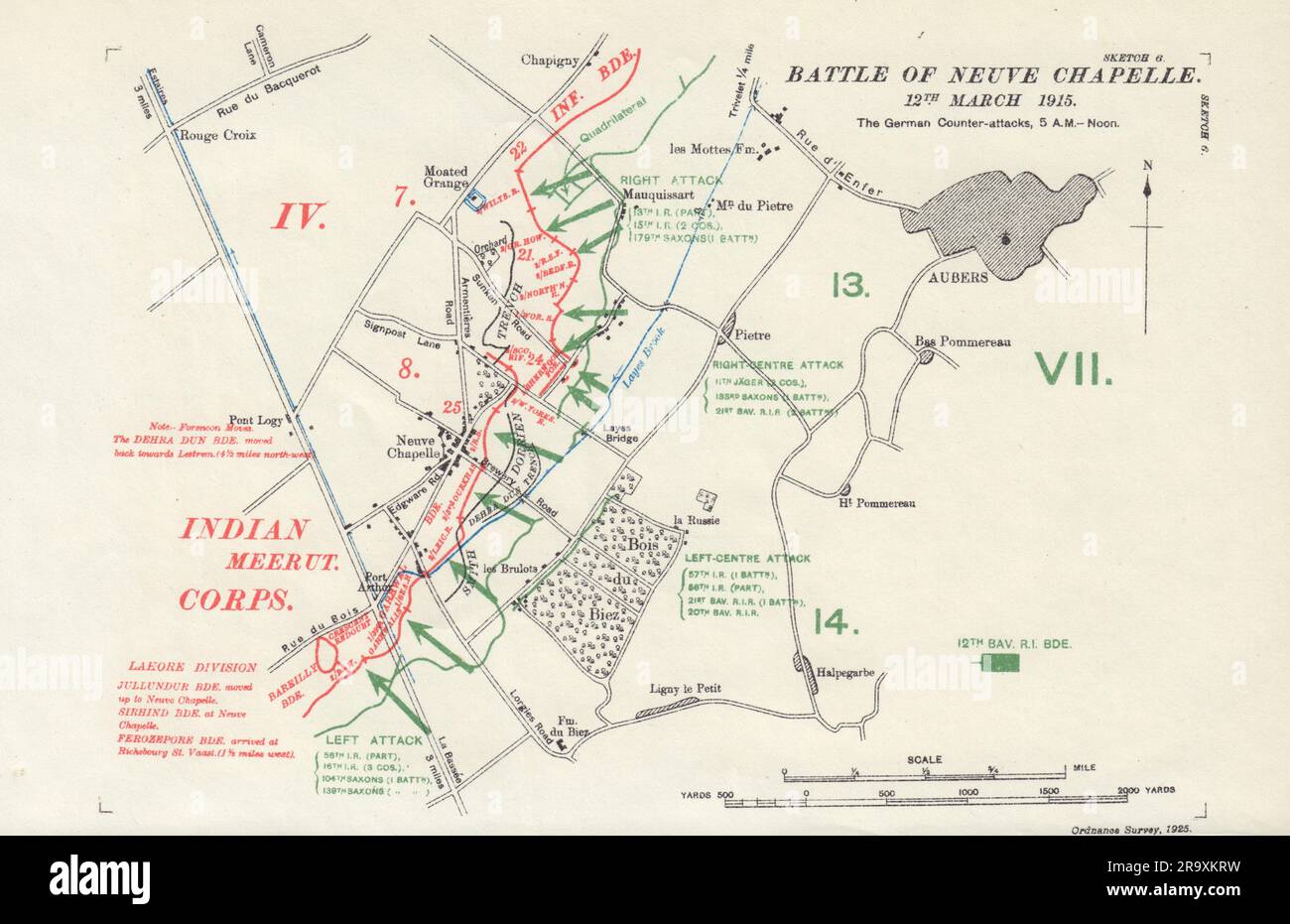 Schlacht von Neuve Chapelle, 12. März 1915, deutsche Gegenangriffe. Gräben 1927 Karte Stockfoto
