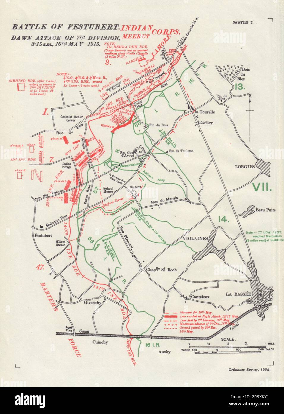 Festubert-Schlacht, 16. Mai 1915. 7. Division Angriff bei Tagesanbruch. Gräben 1928 Karte Stockfoto