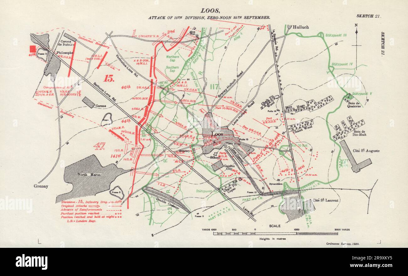 Schlacht der Loos, Angriff der 15. Division, Zero-Noon 25. September 1915 Graben 1928 Karte Stockfoto