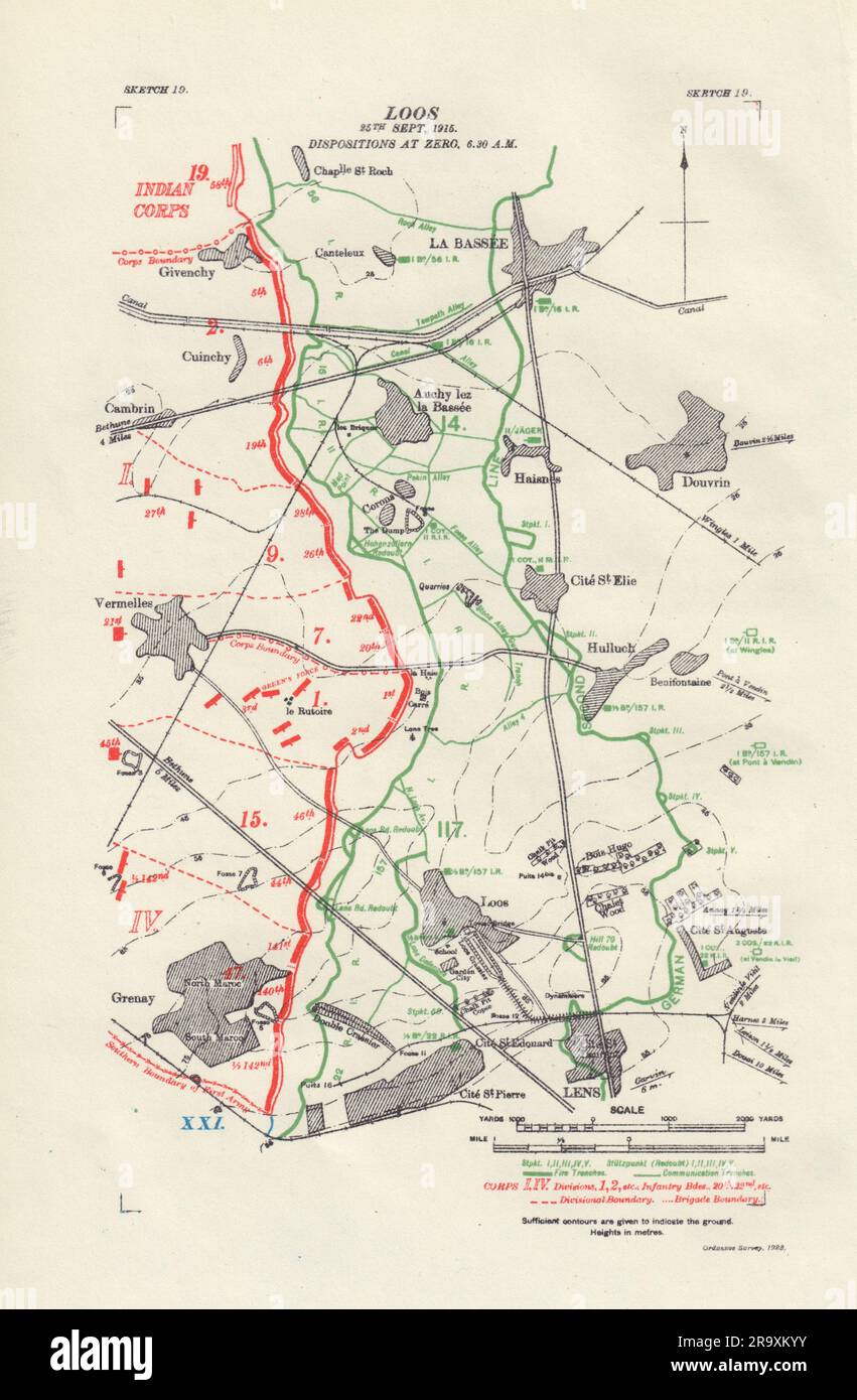 Battle of Loos, 25. September 1915 bei Zero, 6:30am. WW1. Gräben 1928 alte Karte Stockfoto