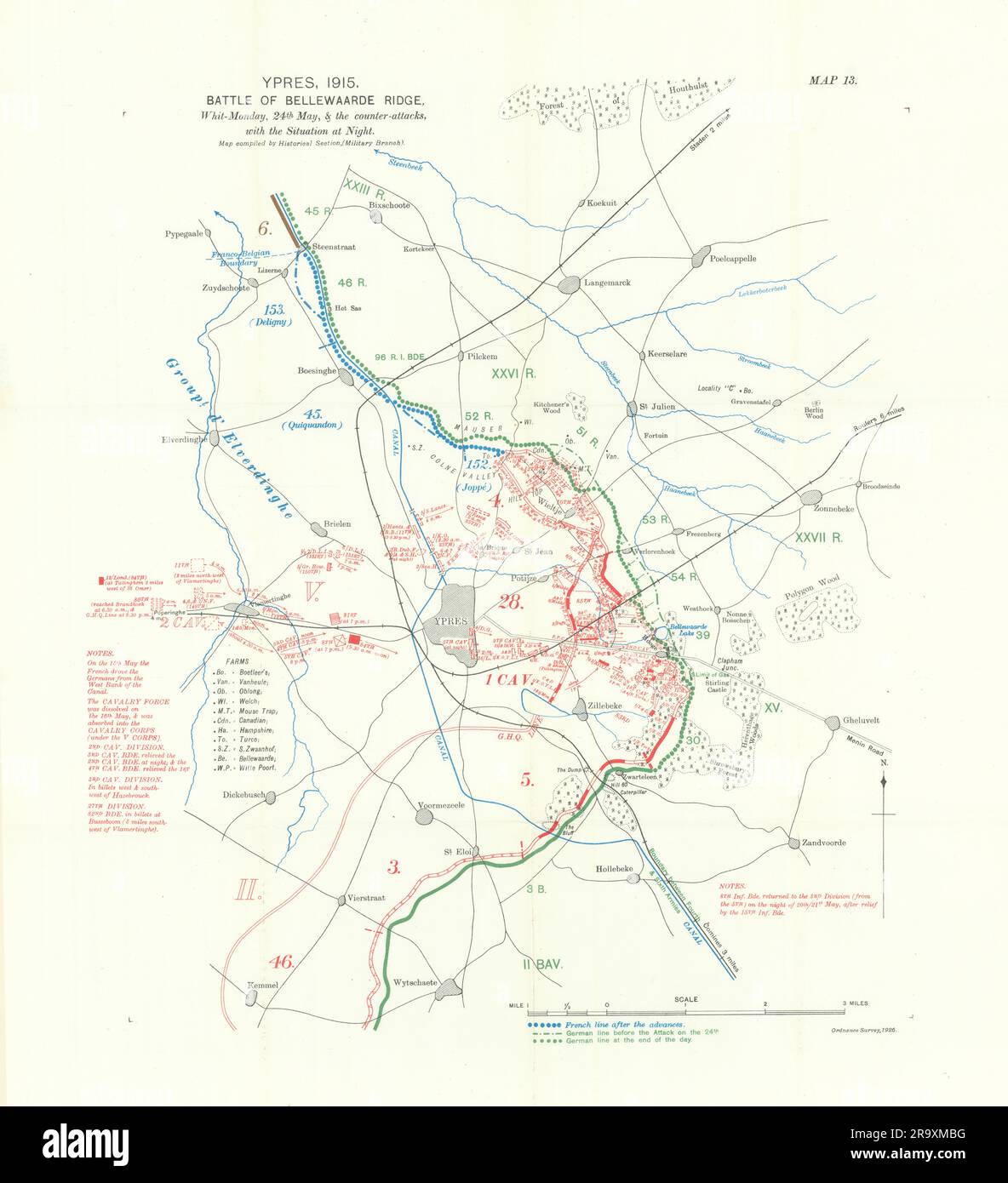 Schlacht von Bellewaarde Ridge, 24. Mai 1915 Nacht. Ypern. WW1. 1928 alte Karte Stockfoto