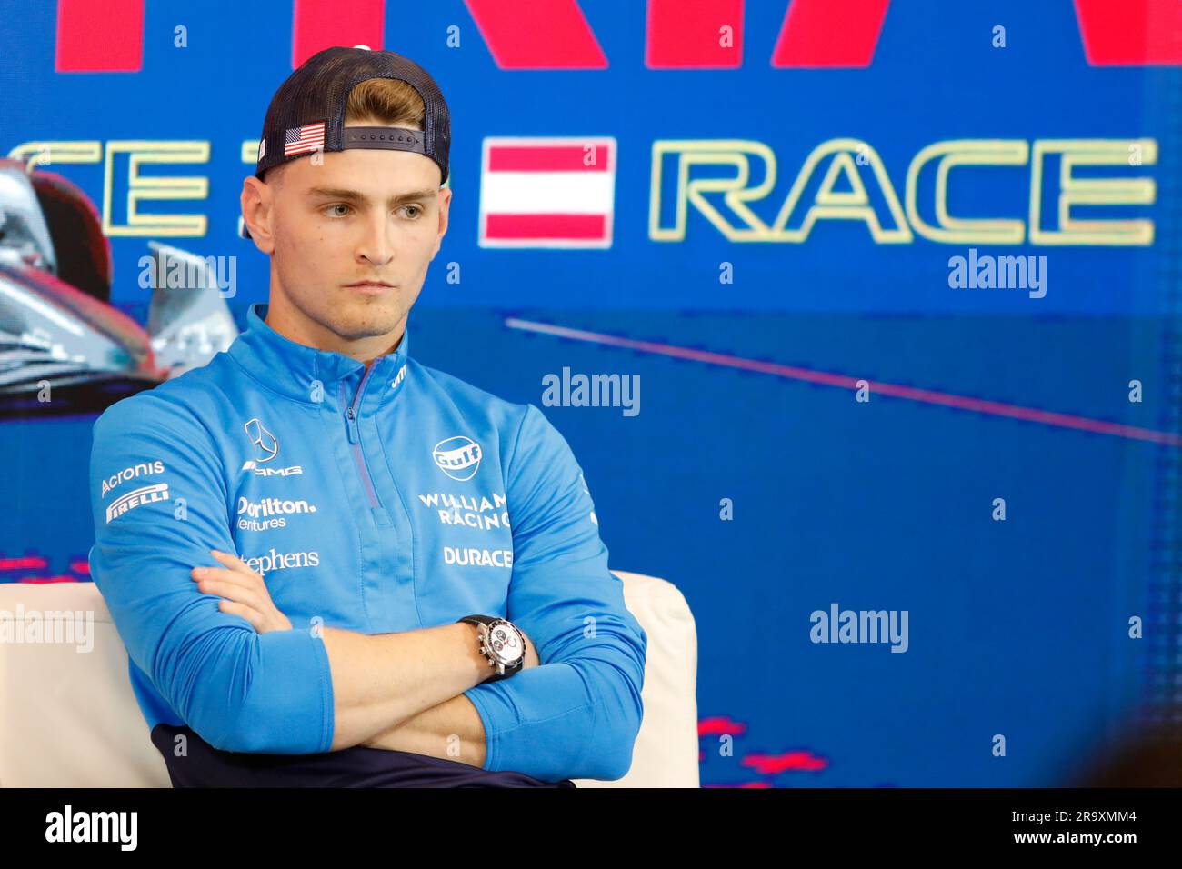 Spielberg, Österreich. Juni 29. 2023. Formel 1: Rolex-Grand-Prix auf dem Red Bull Ring, Österreich. Bild: Logan SarSergeant (USA) von Williams Racing während der Pressekonferenz © Piotr Zajac/Alamy Live News Stockfoto