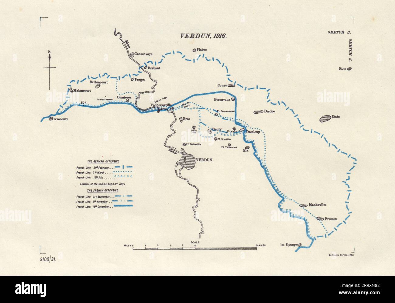 Schlacht von Verdun, 1916. Erster Weltkrieg. 1932 alte alte Karte Plan-Karte Stockfoto