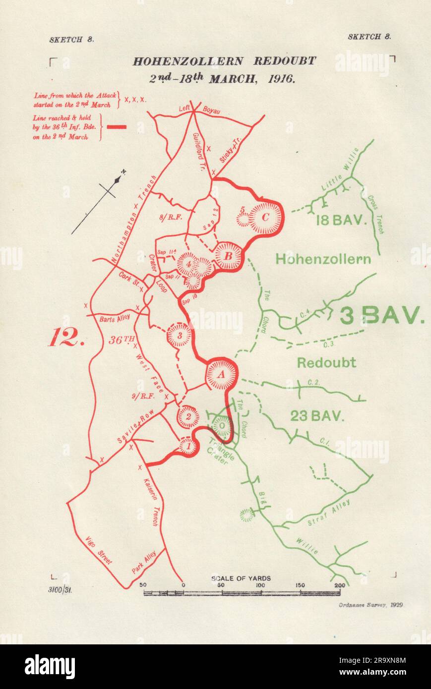 Hohenzollern Redoubt 2.-18. März 1916. Erster Weltkrieg. Gräben 1932 Karte Stockfoto