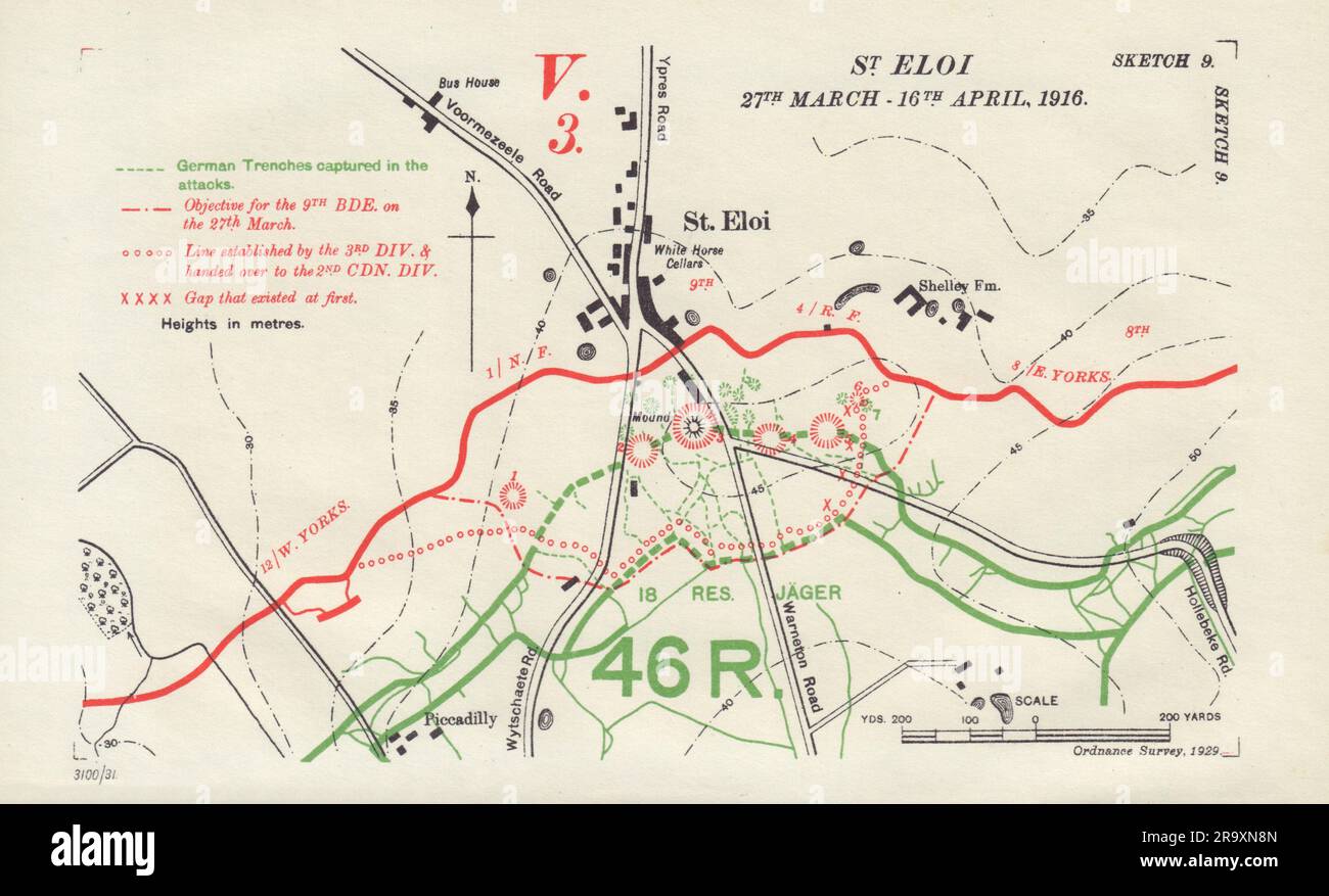 Schlacht von St. Eloi, 27. März bis 16. April 1916. Grabengräben des Ersten Weltkriegs 1932 Karte Stockfoto