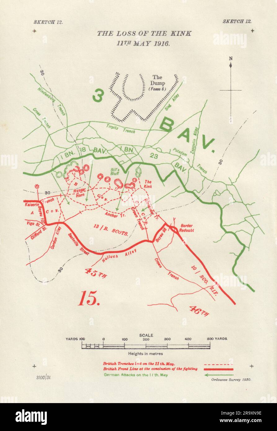 Der Verlust des Kink Salient. 11. Mai 1916 Erster Weltkrieg. Gräben 1932 Karte Stockfoto