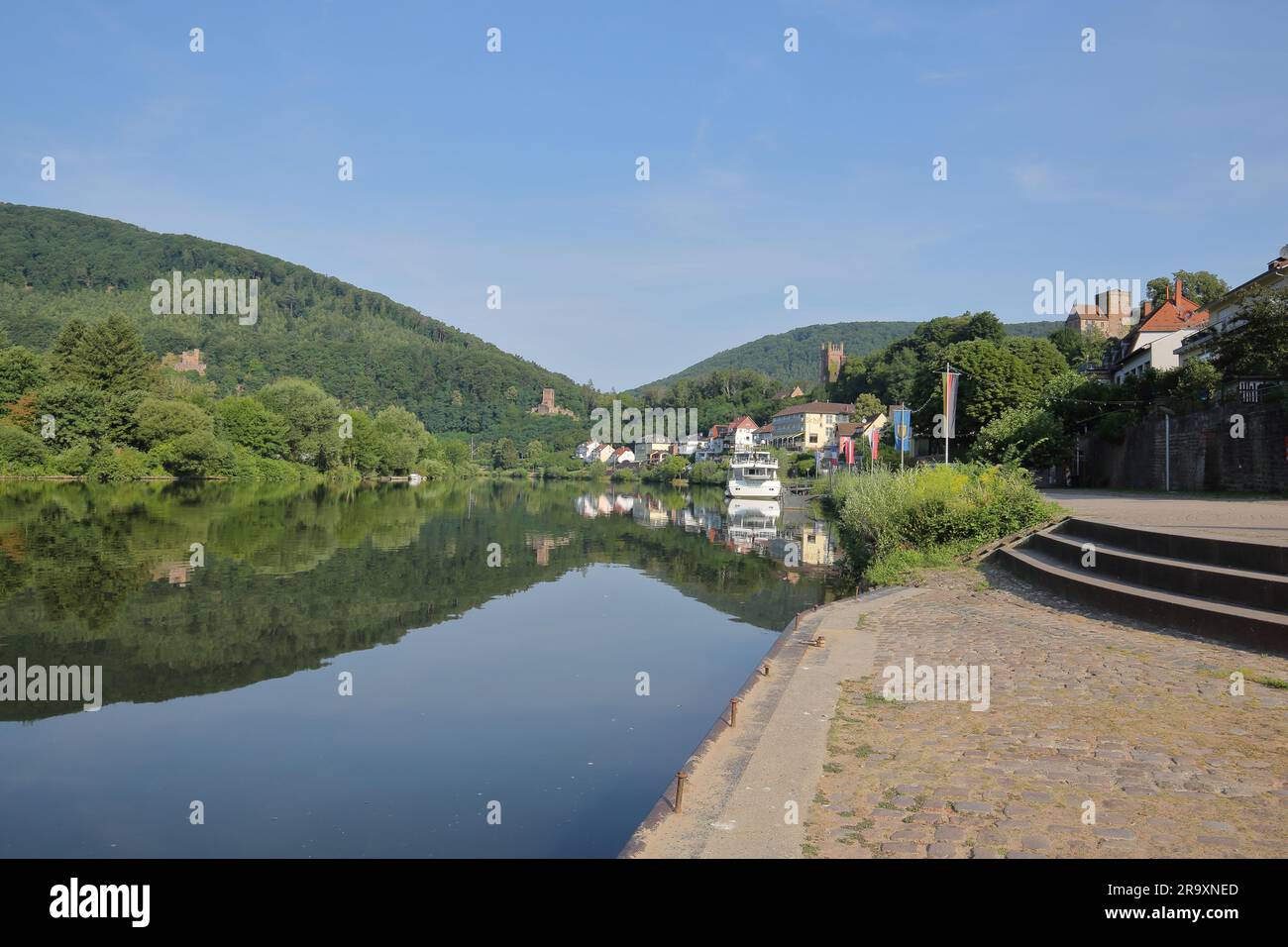 Vier Schlösser - Swallows Nest, Mittelburg, Hinterburg, Vorderburg - in der vier Schlossstadt Neckarsteinach am Neckar, Odenwald, Neckar Tal, Baden Stockfoto