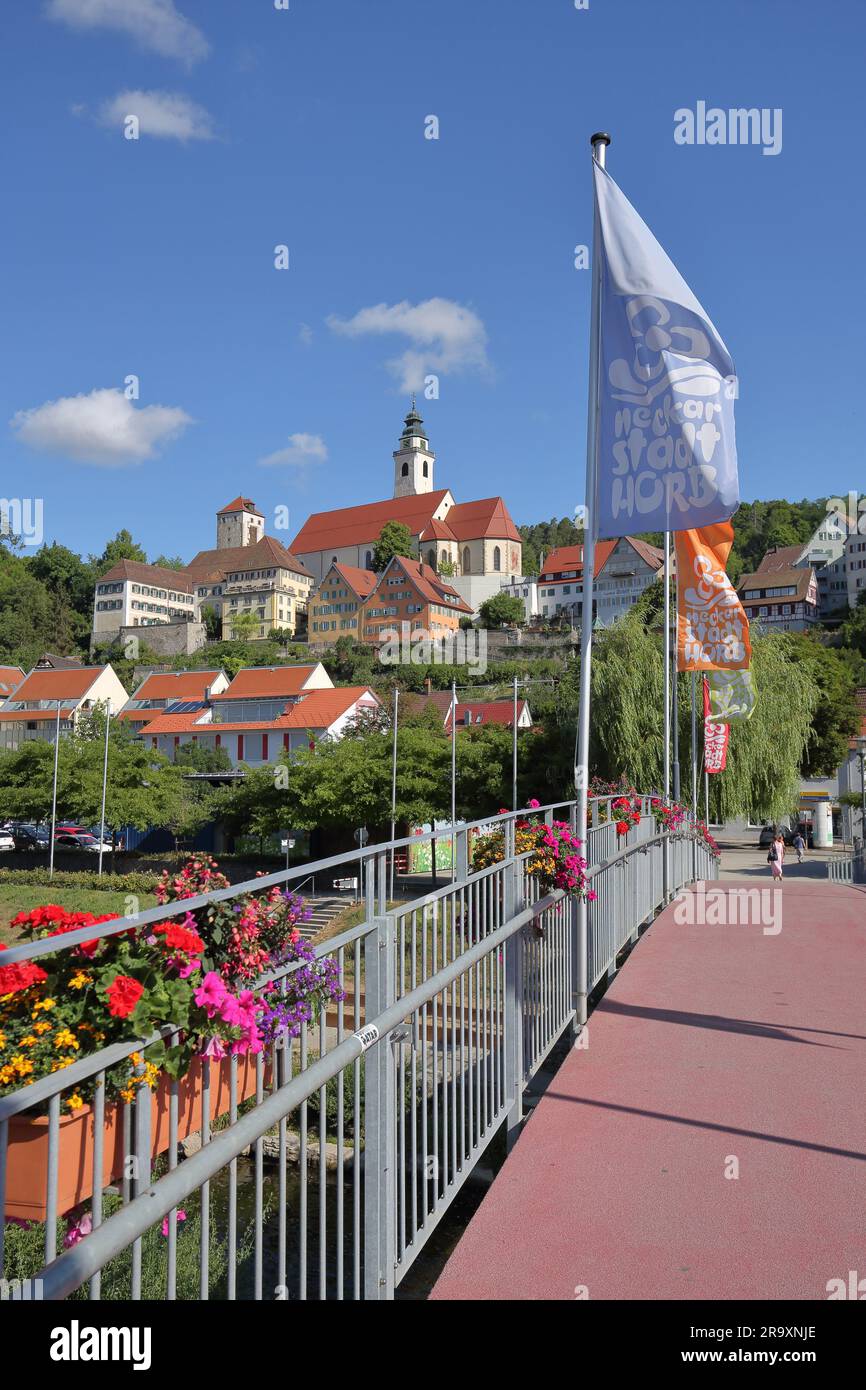 Flaggen am Flößersteg und Stadtbild mit dem Schütteturm Aussichtsturm, der Kollegialkirche und Schurkenturm in Horb am Neckar, Neckar-Tal, Norther Stockfoto