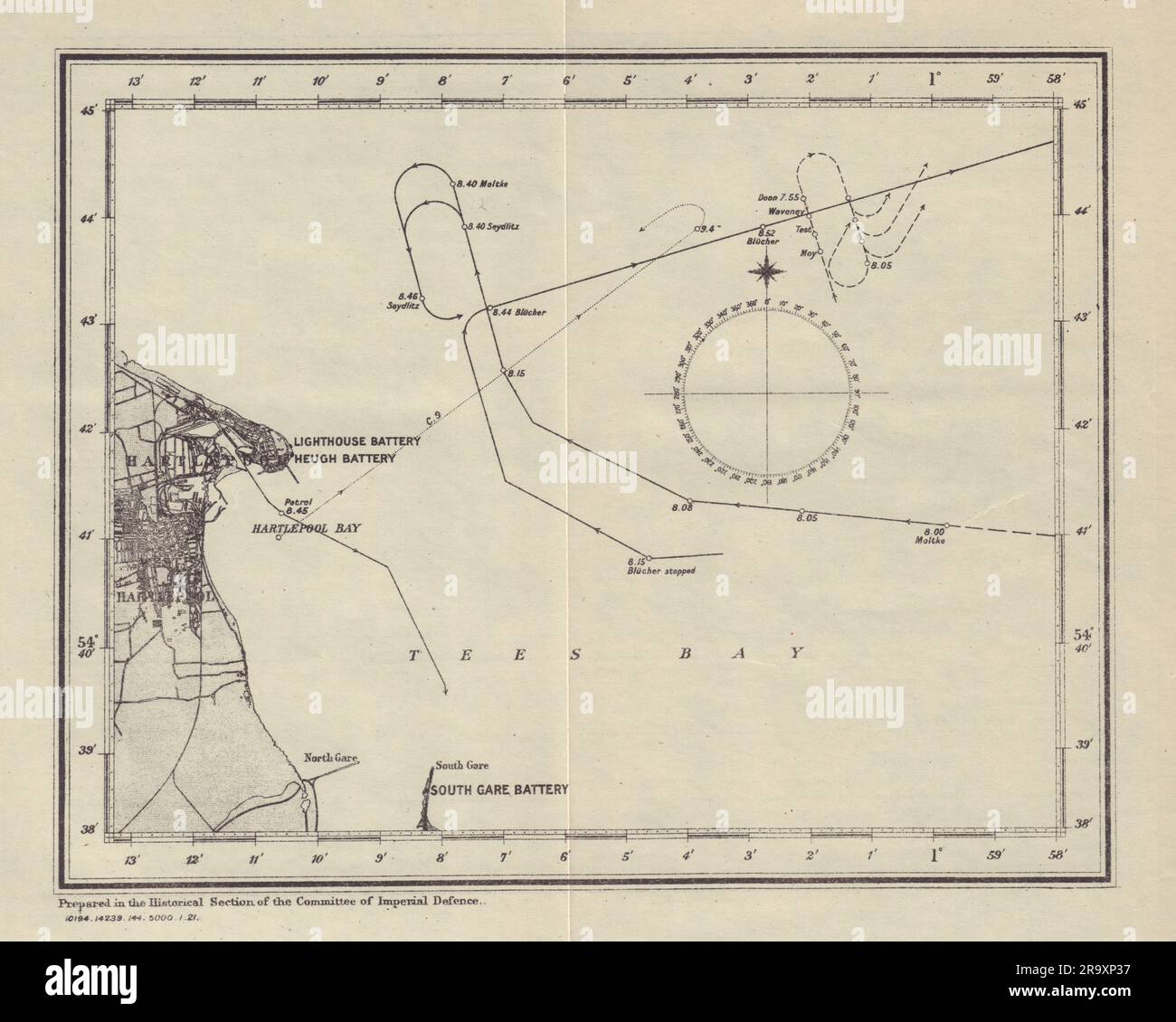 Bombardierung von Hartlepool am 16. Dezember 1914. Erster Weltkrieg. 1921 alte Karte Stockfoto