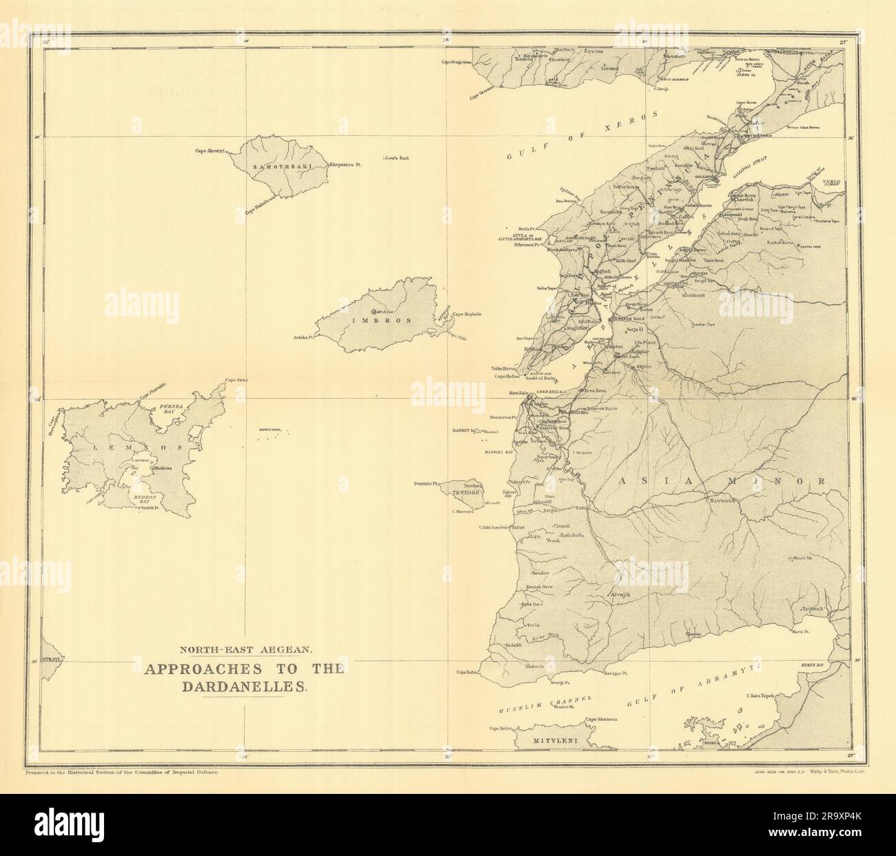 Die Dardanellen nähern sich. Straße von Gallipoli 1915. Lemnos. WW1. 1921 alte Karte Stockfoto