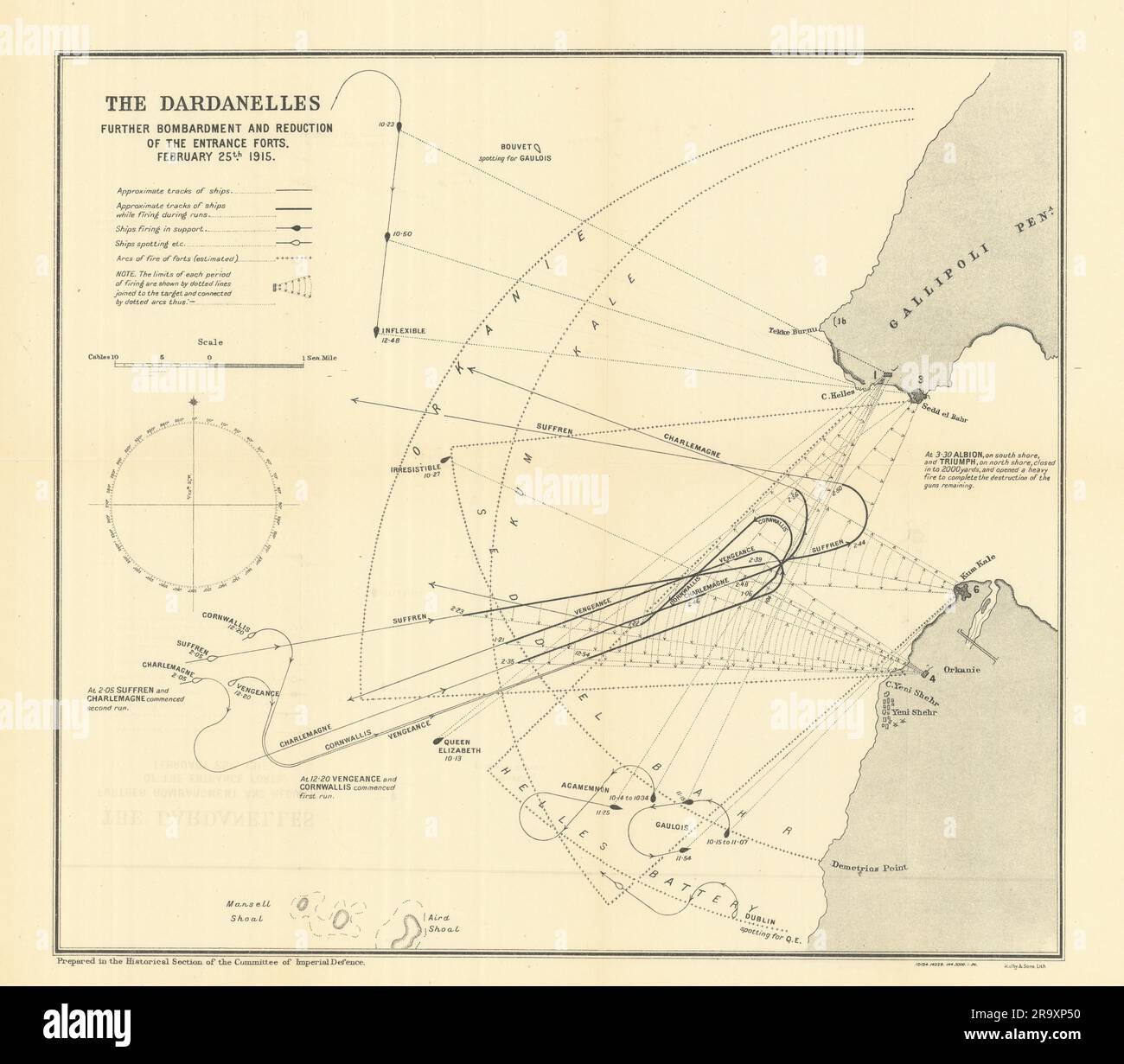 Dardanellen. Bombardierung am 25. 1915. Februar. Gallipoli-Kampagne. WW1. 1921-Karte Stockfoto