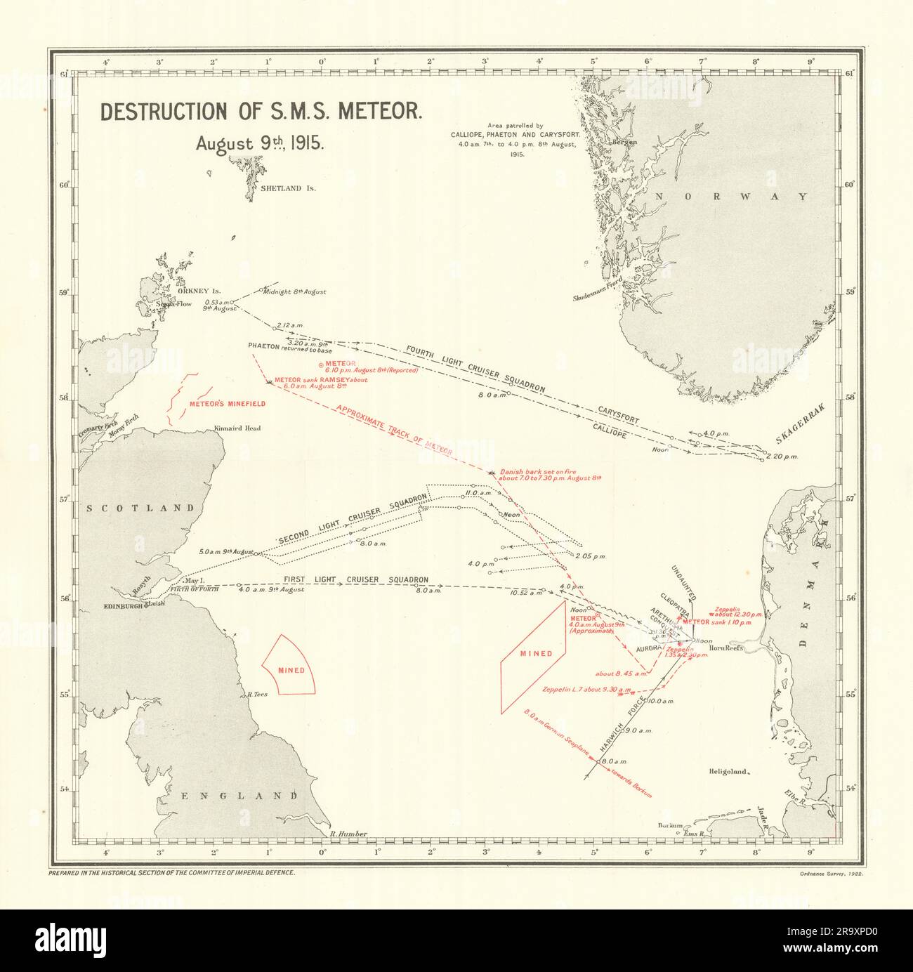 Zerstörung von S.M.S. Meteor August 9. 1915. Blockade Deutschlands. WW1. 1923-Karte Stockfoto