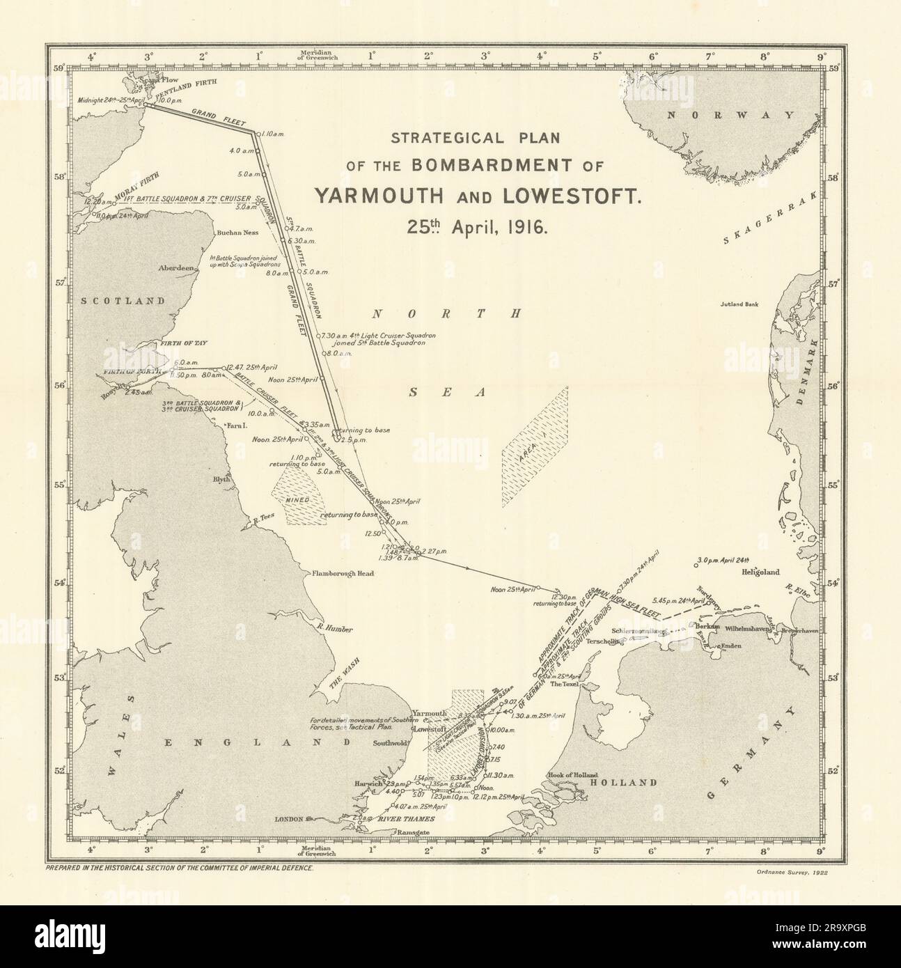 Bombardierung von Yarmouth und Lowestoft. 25. April 1916. Strategieplan 1923-Karte Stockfoto