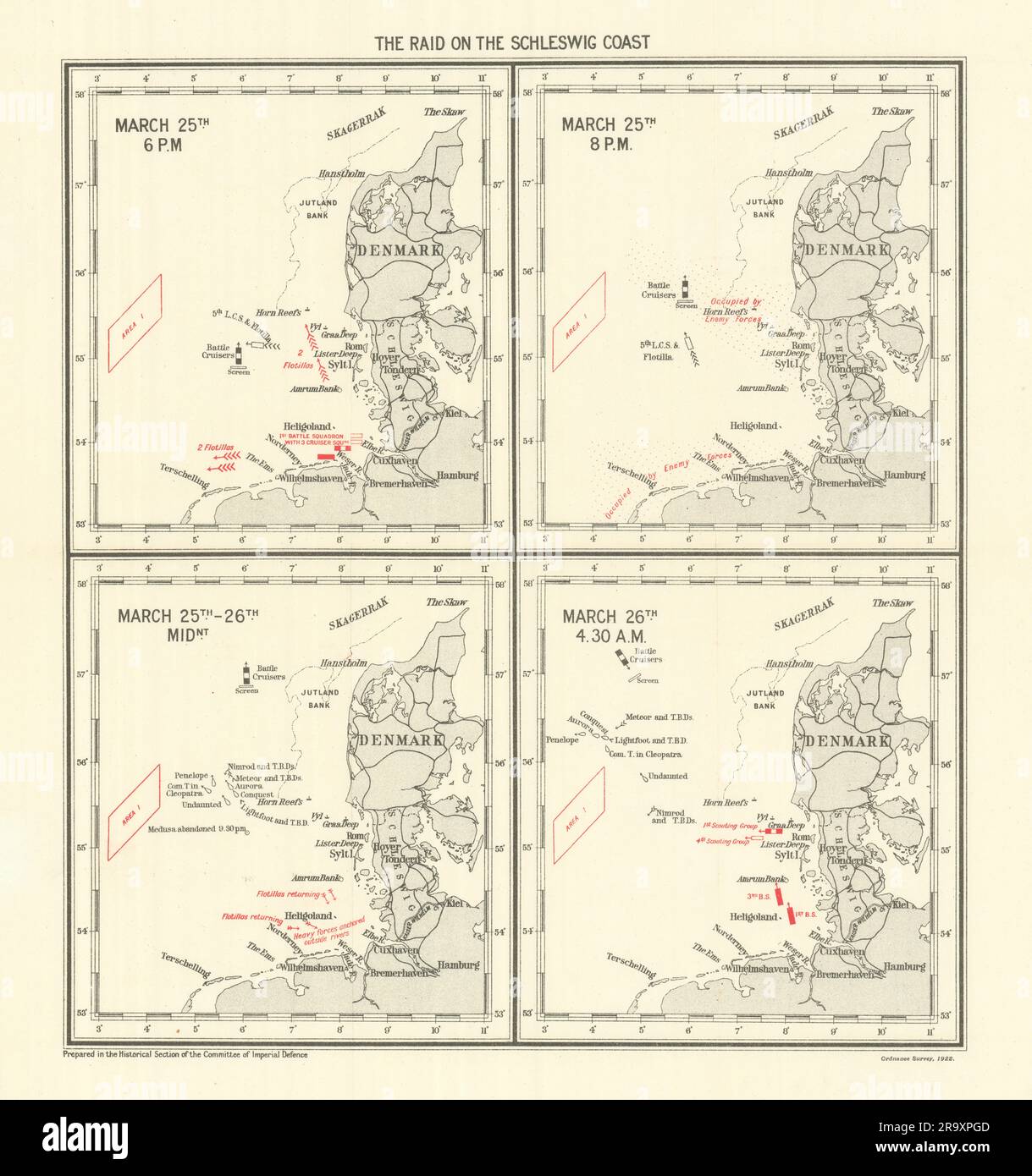 Schleswig Raid März 1916. Erster Weltkrieg. 1923 alte alte Karte Plan-Karte Stockfoto
