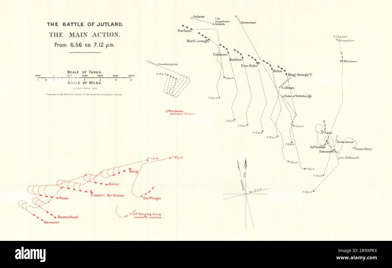 Die Schlacht von Jütland. Hauptaktion. 6,56-7,12 Uhr 31. Mai 1916. WW1. 1923 alte Karte Stockfoto