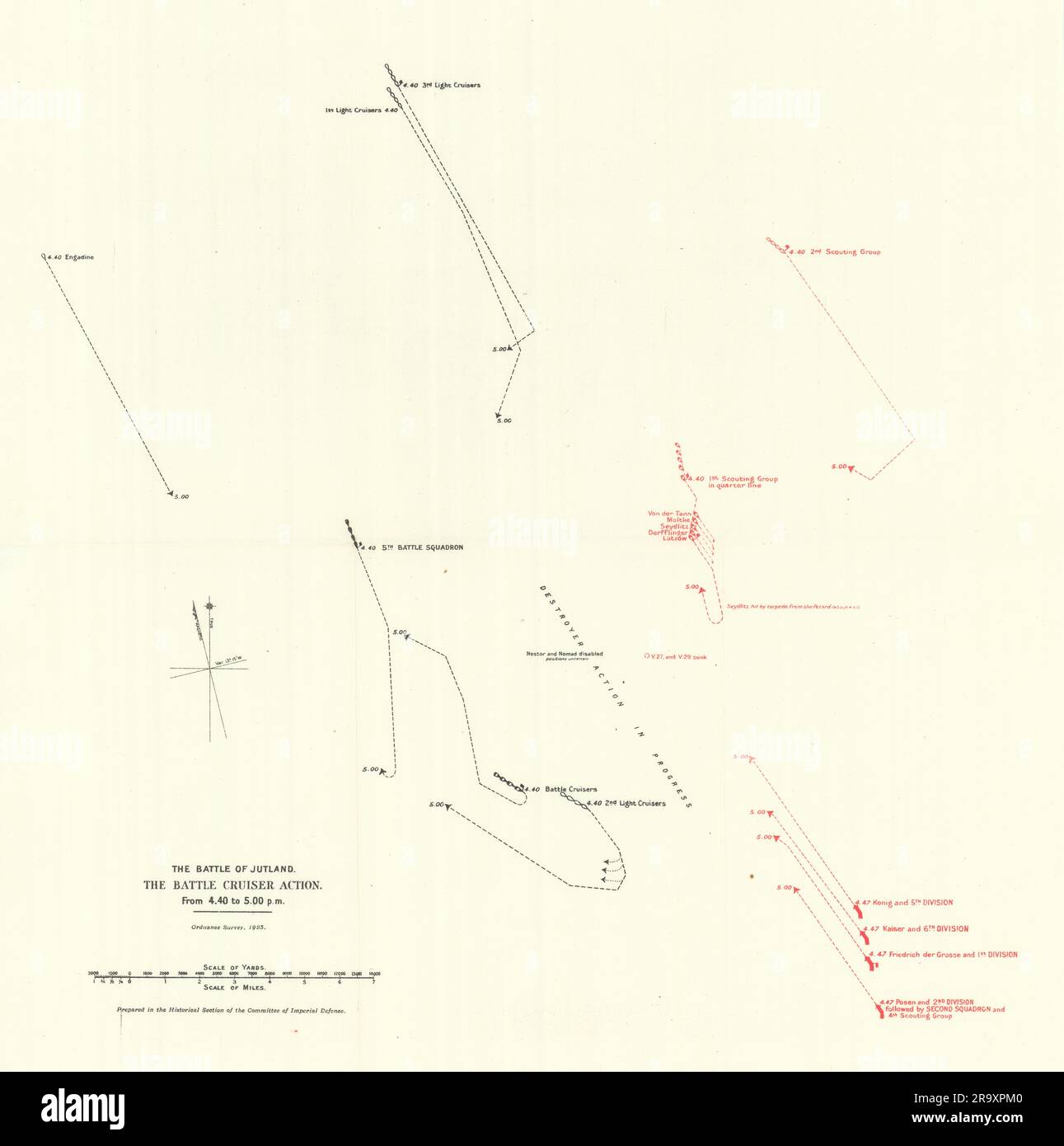 Die Schlacht von Jütland. Battle Cruiser Action 4,40-5,00 Uhr 31. Mai 1916. WW1. 1923-Karte Stockfoto