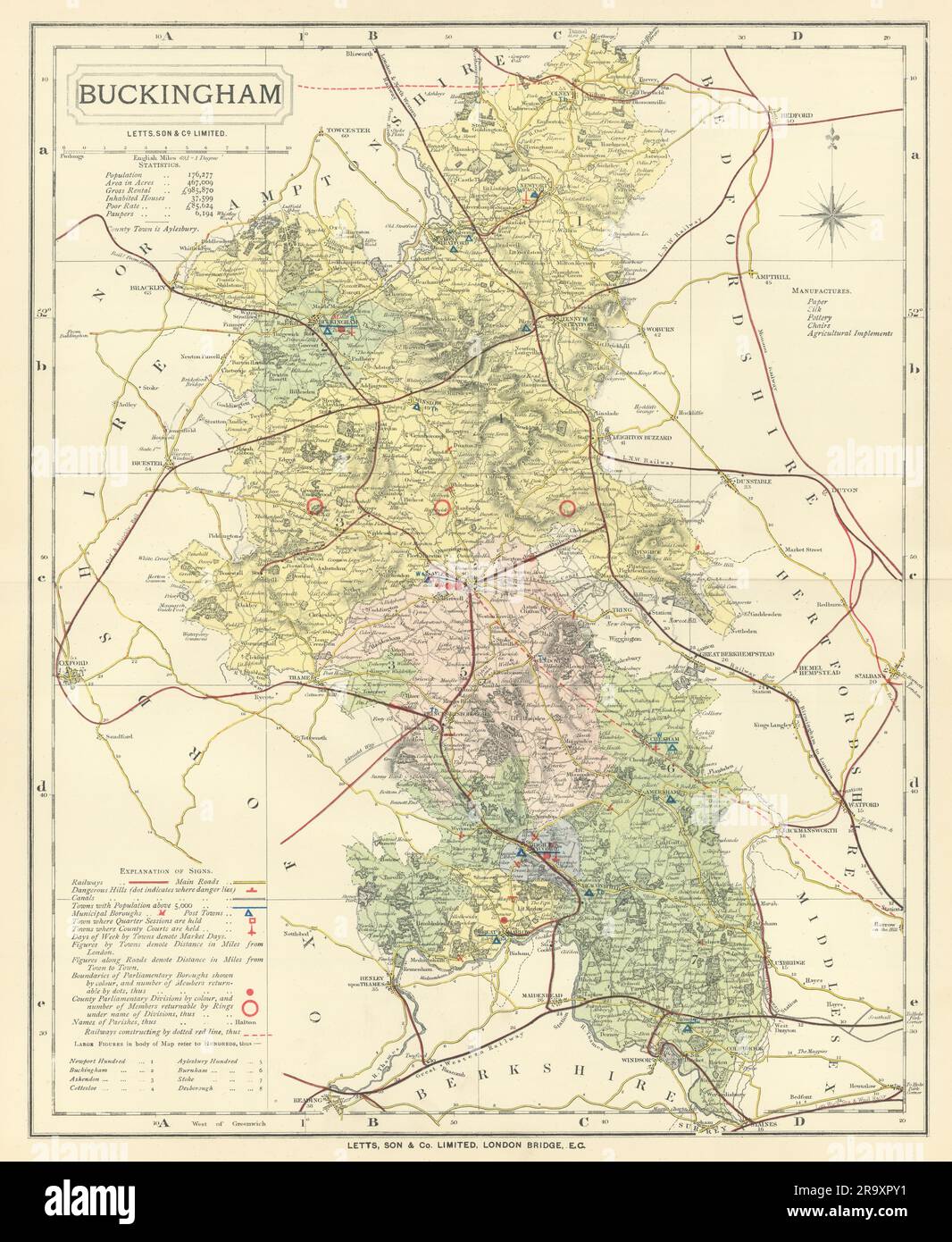 Karte des Bezirks Buckinghamshire mit Post Towns & Market Days. LETTS 1884 Stockfoto