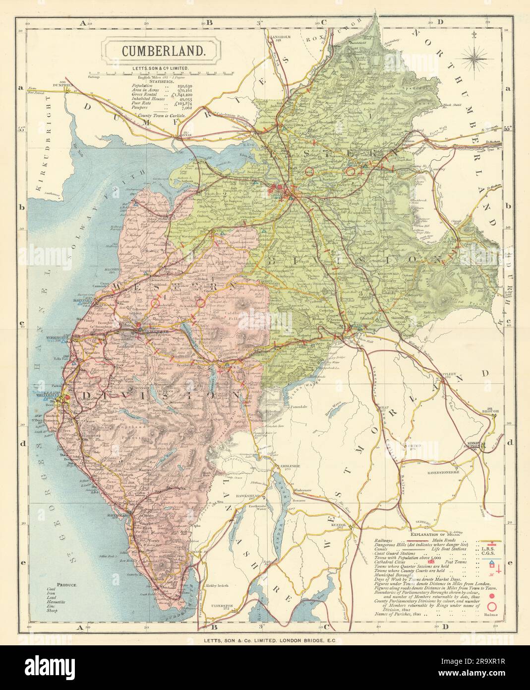 Karte des Bezirks Cumberland Cumbria mit Poststädten und Markttagen. LETTS 1884 Stockfoto