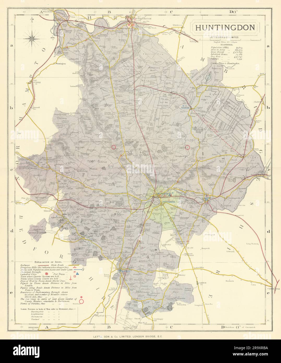 Karte des Bezirks Huntingdonshire mit Post Towns & Market Days. LETTS 1884 Stockfoto
