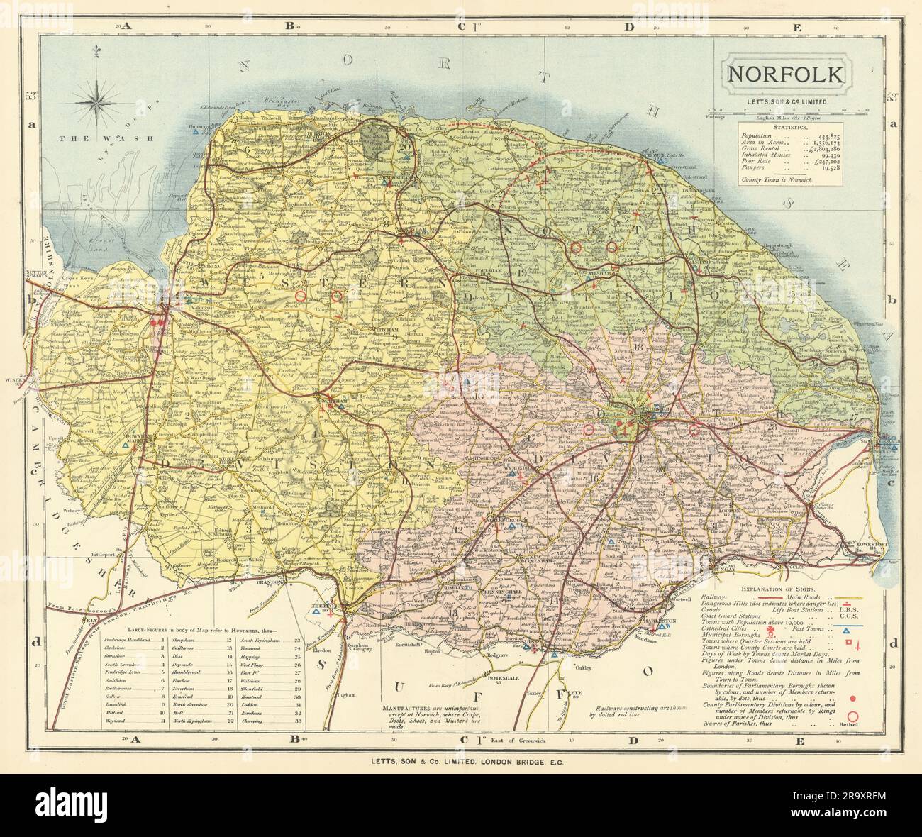 Karte von Norfolk County mit Post Towns & Market Days. LETTS 1884 Jahre alt Stockfoto